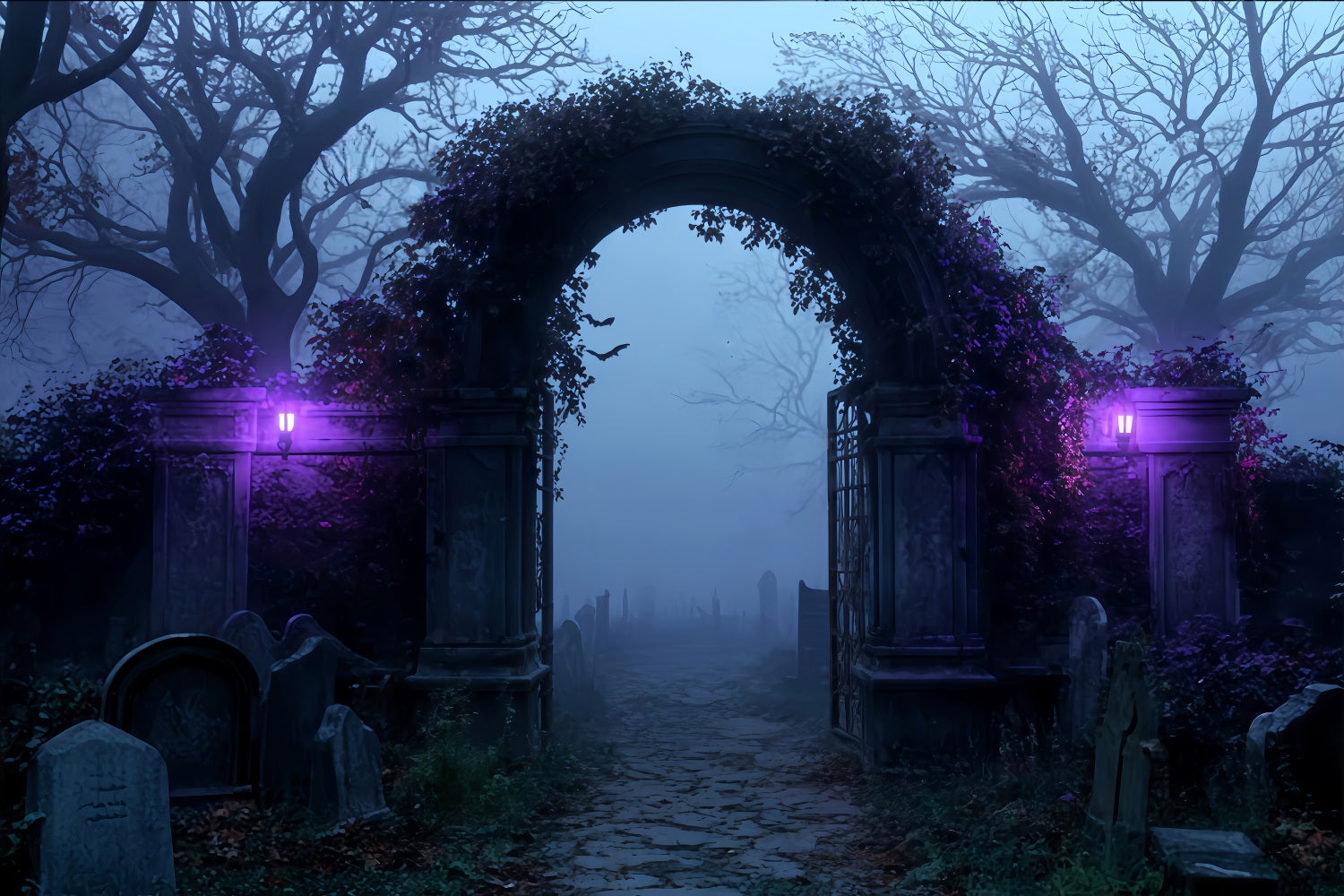 Halloween-Hintergrund Nebliger Friedhof Torbogen Eingang Halloween-Fotohintergründe TWW510-7