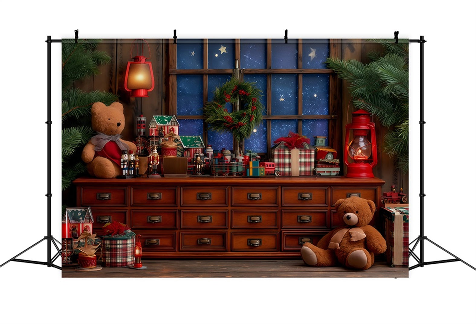 Weihnachtsmann-Werkstatt-Hintergrund Gemütliche Spielzeugwerkstatt Fenster Weihnachtshintergründe TWW510-87