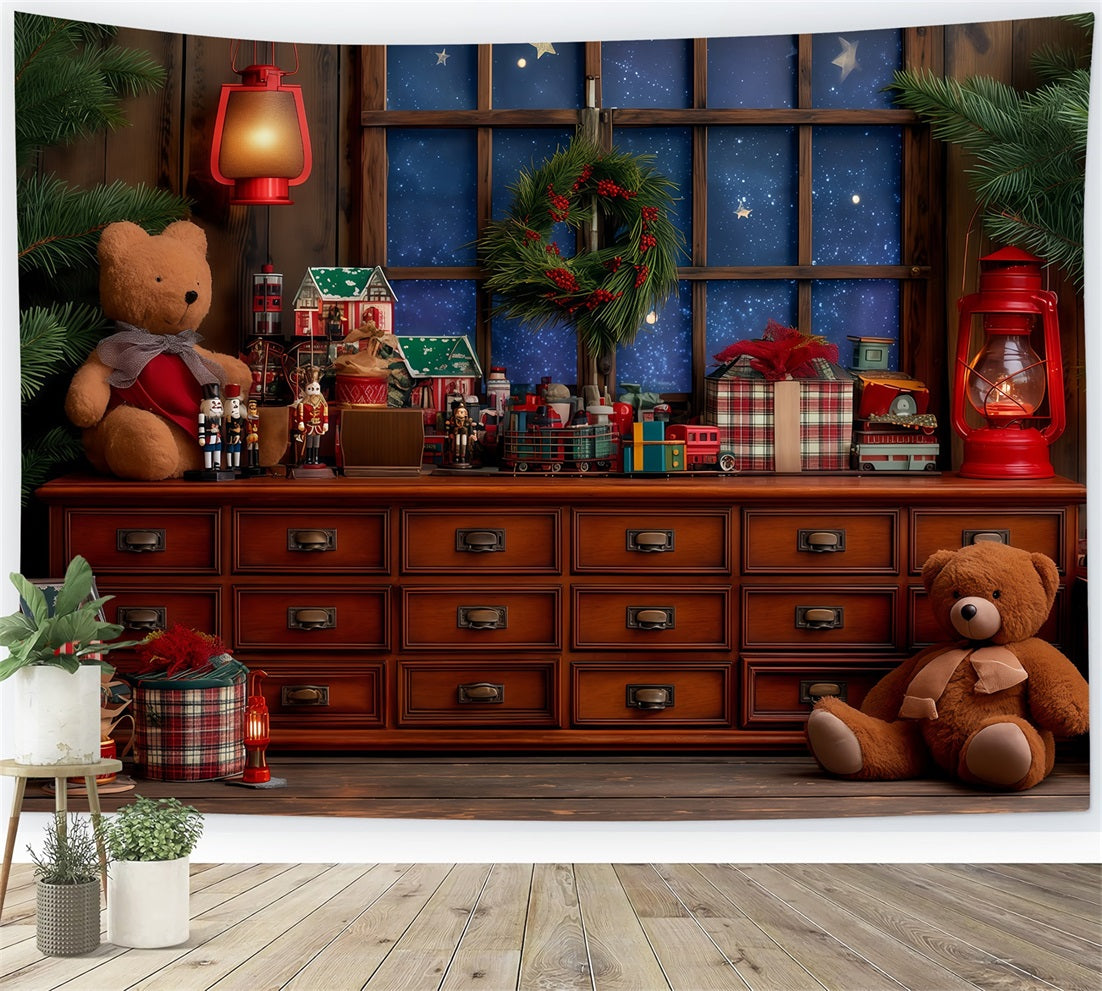 Weihnachtsmann-Werkstatt-Hintergrund Gemütliche Spielzeugwerkstatt Fenster Weihnachtshintergründe TWW510-87