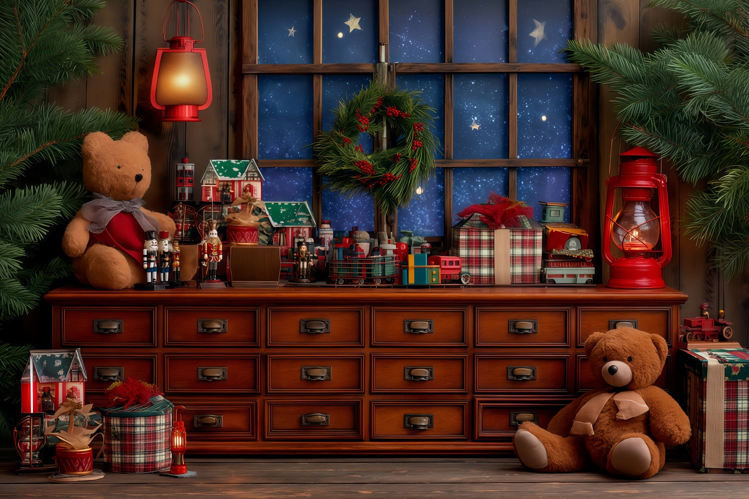 Weihnachtsmann-Werkstatt-Hintergrund Gemütliche Spielzeugwerkstatt Fenster Weihnachtshintergründe TWW510-87