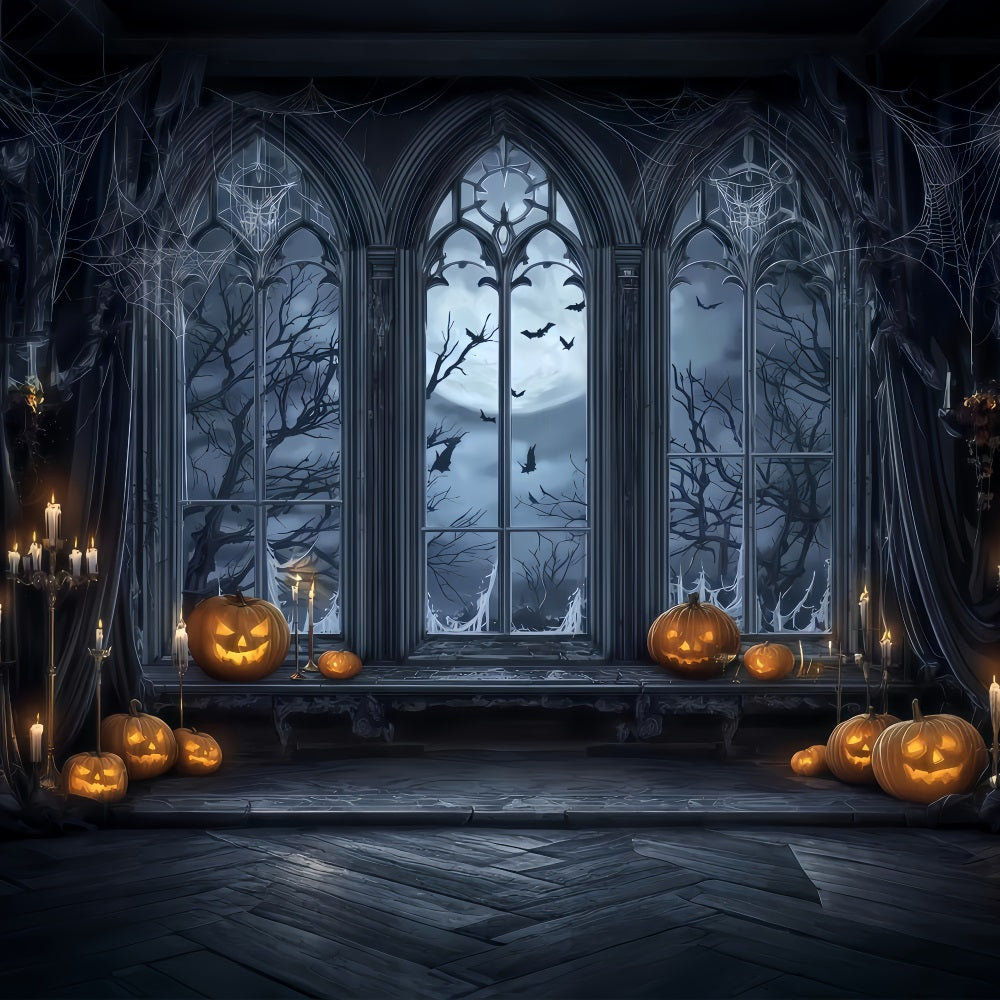 Halloween-Fledermauskulisse Gotisches Fenster Mondlicht Kürbisse Halloween-Fotokulisse TWW510-9