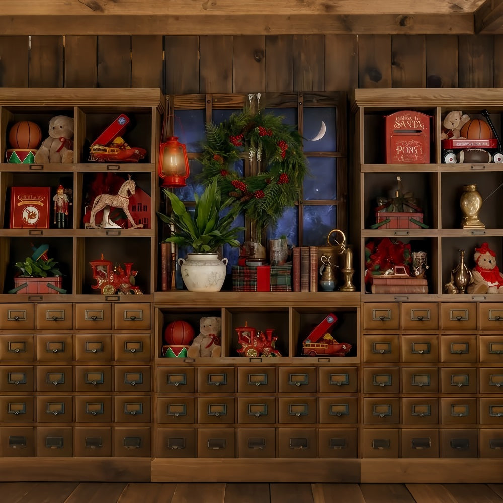 Weihnachtsmann-Spielzeugladen-Hintergrund Spielzeugregal Mondbeschienenes Fenster Weihnachtsfoto-Hintergrund TWW510-98