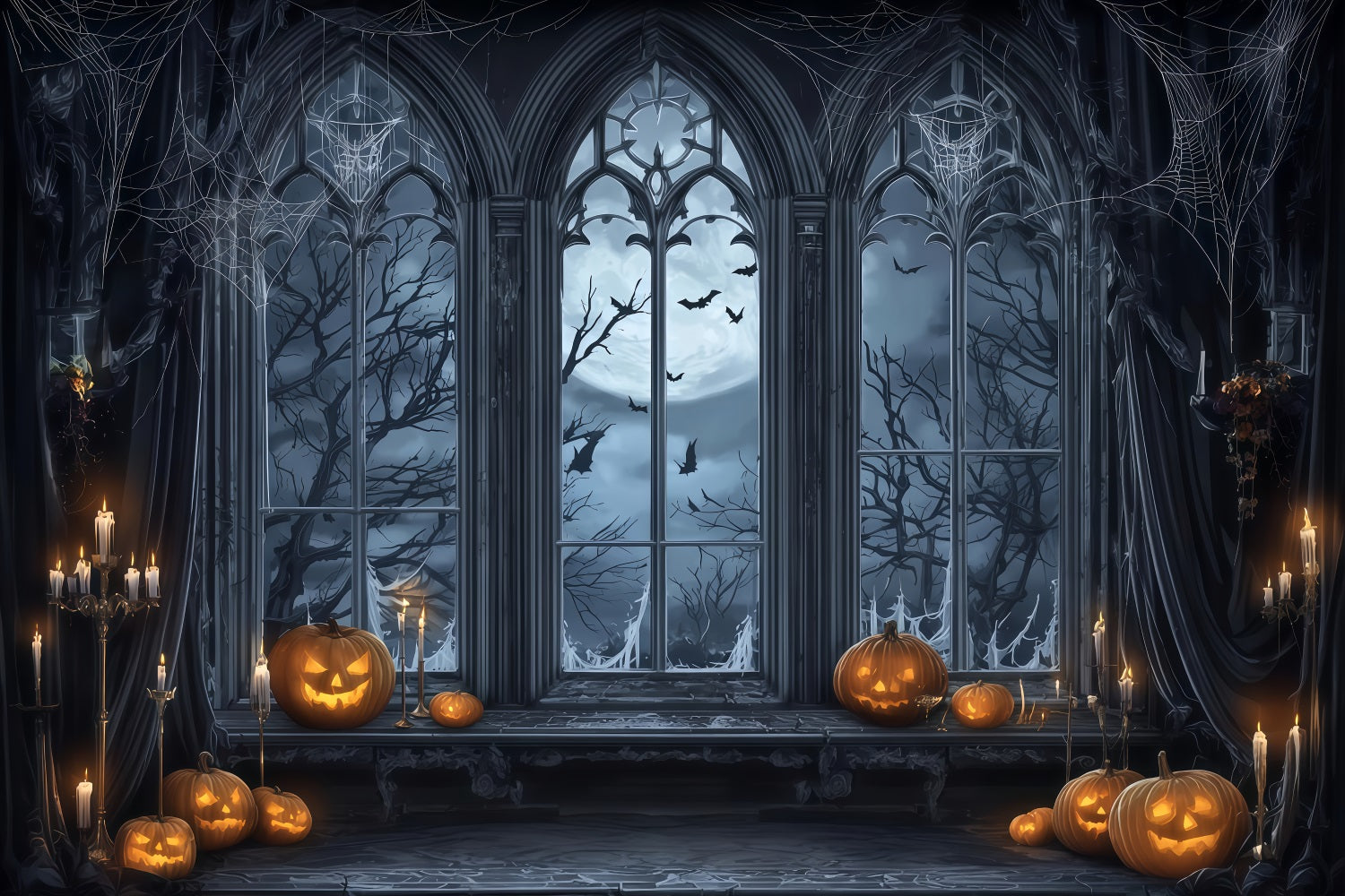 Halloween-Fledermauskulisse Gotisches Fenster Mondlicht Kürbisse Halloween-Fotokulisse TWW510-9