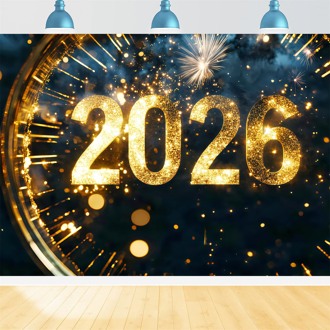 2026 Neujahrs-Hintergrund Glitzernder Countdown Funkenregen Uhr Foto-Hintergrund TWW512-16