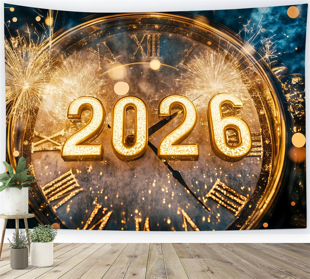 2026 Neujahrs-Hintergrund Goldenes Feuerwerk Bokeh Countdown-Uhr Foto-Hintergrund TWW512-2