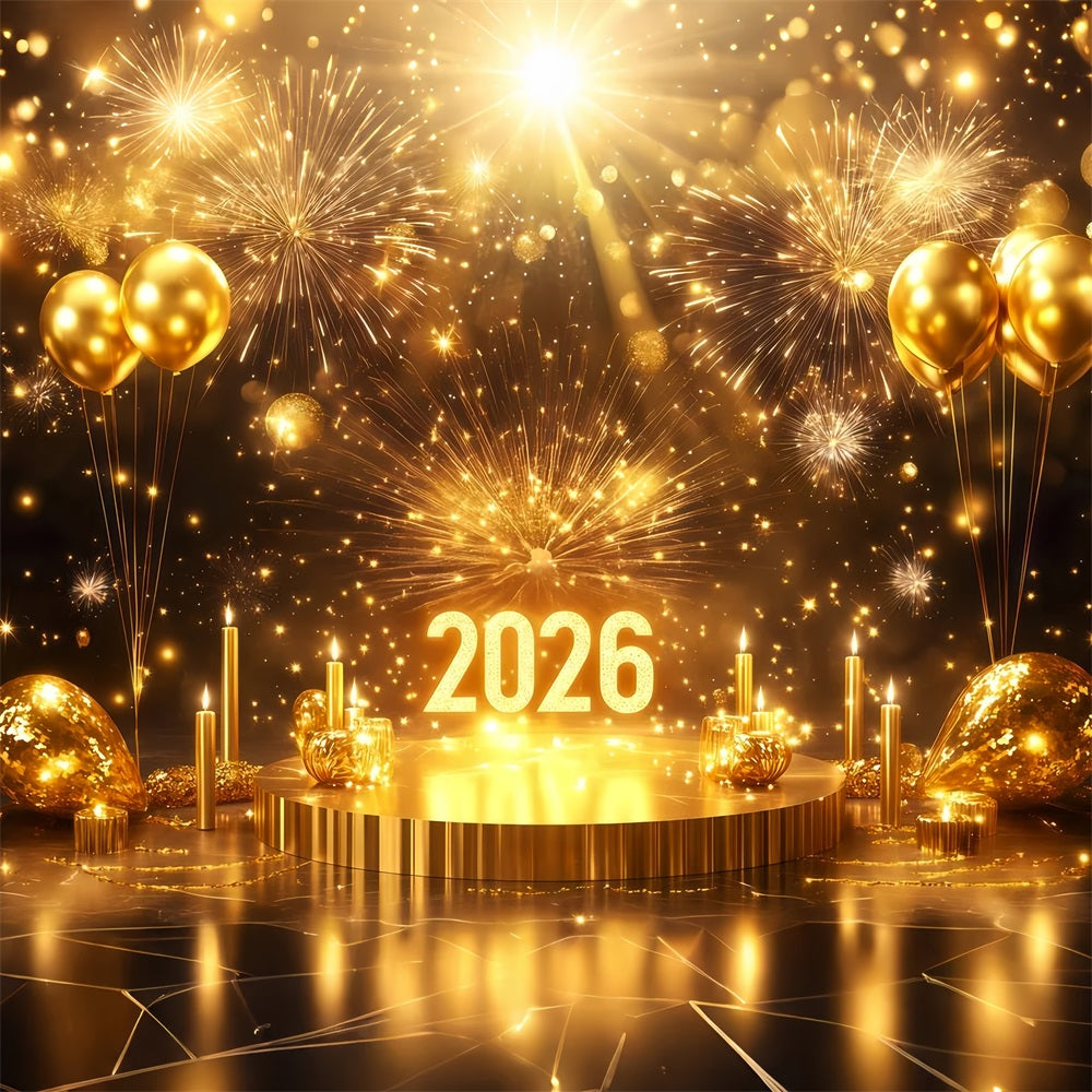 2026 Neujahrs-Hintergrund Bühnenballon Funkelnde Feuerwerke Goldglitzer-Hintergrund TWW512-23