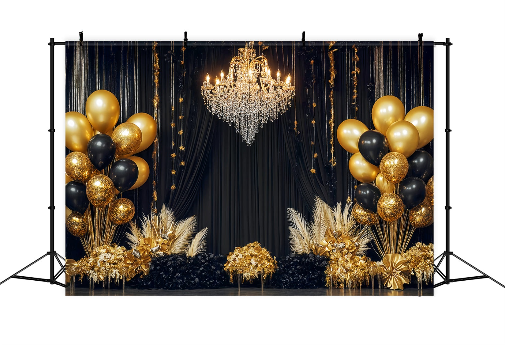 Ideen für Neujahrs-Hintergründe Luxuriöser Kronleuchter Ballons Schwarz-goldener Hintergrund TWW512-28