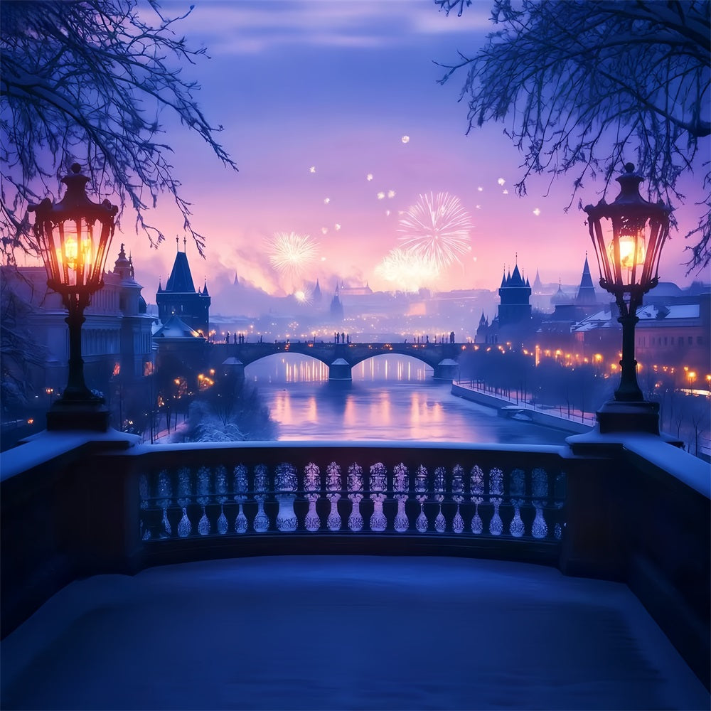 Neujahrs-Fotohintergrund Vereister Fluss Feuerwerk Leuchtende Stadt Nacht-Hintergrund TWW512-29