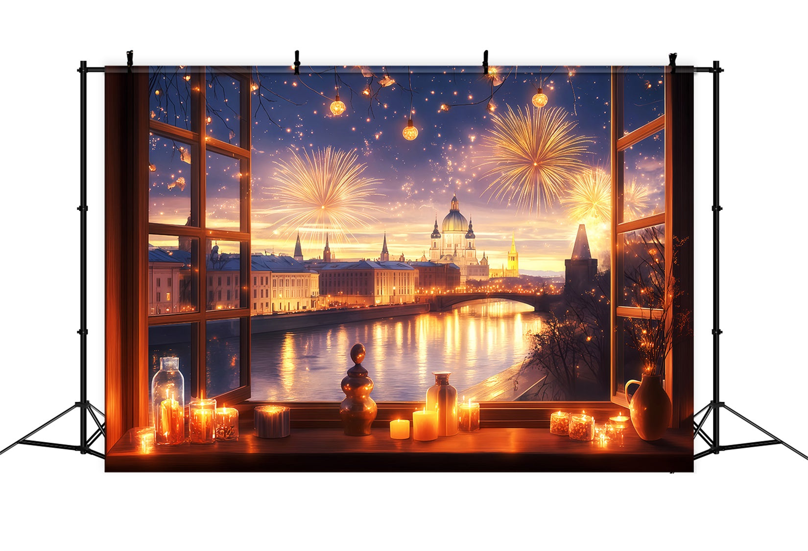 Neujahrsfotohintergrund Fenster Stadt Feuerwerk Glanz Stadtlandschaft Fotohintergrund TWW512-3