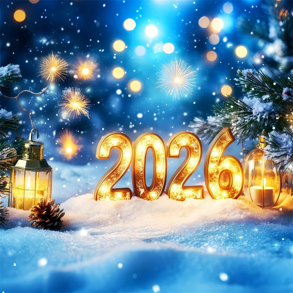 2026 Neujahrs-Hintergrund Schneebedeckte Kiefern Feuerwerk Bokeh Silvester-Hintergrund TWW512-31