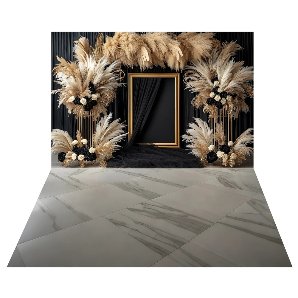 Glam Pampas Noir Blütenhintergrund+Marmorfliesenboden Hintergrund TWW57-70