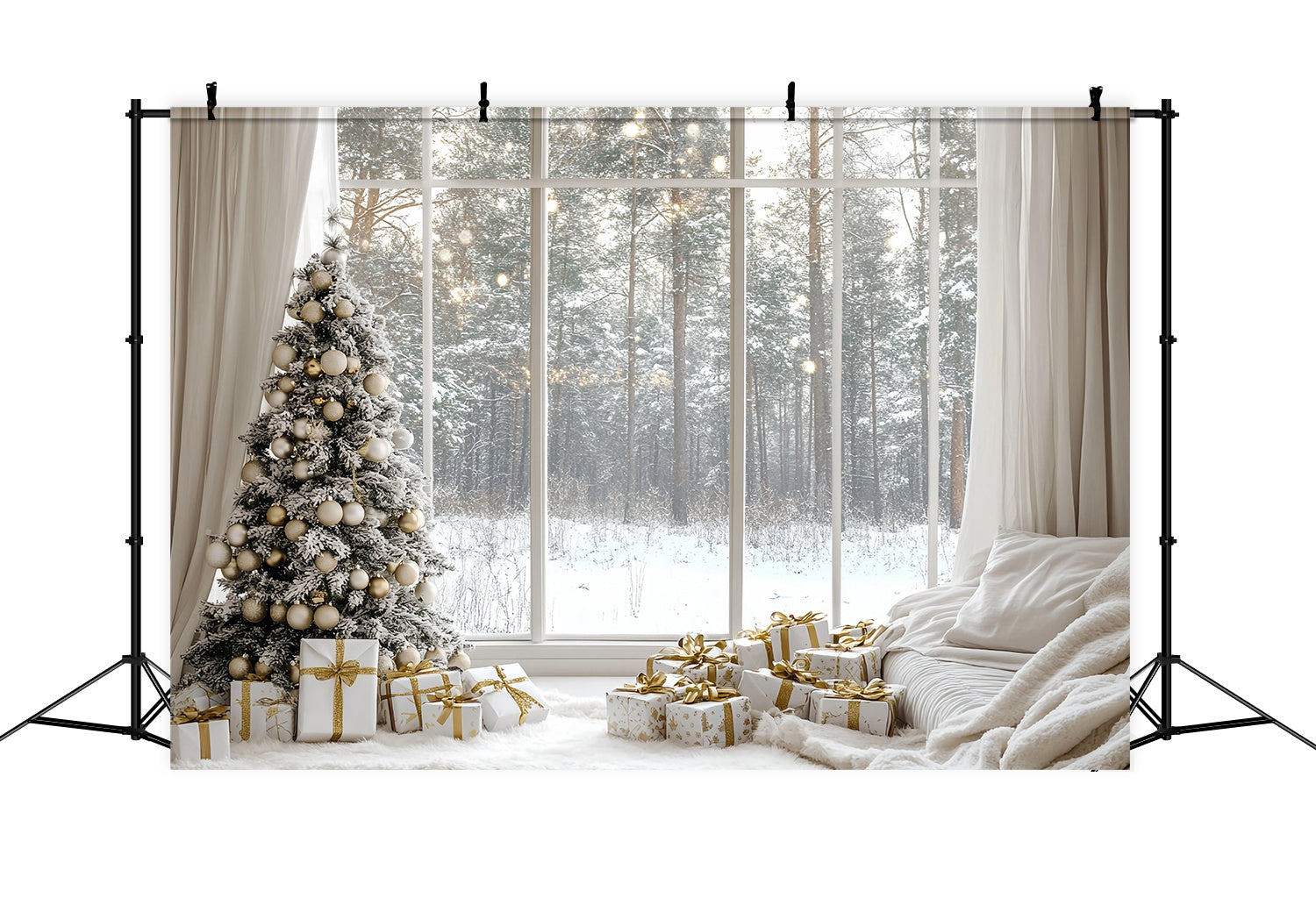 Weiße Weihnachten Backdrop Schneey Pine Gold Ornament gemütliche Fenster Weihnachten Studiohintergrund für Fotografie TWW58-100