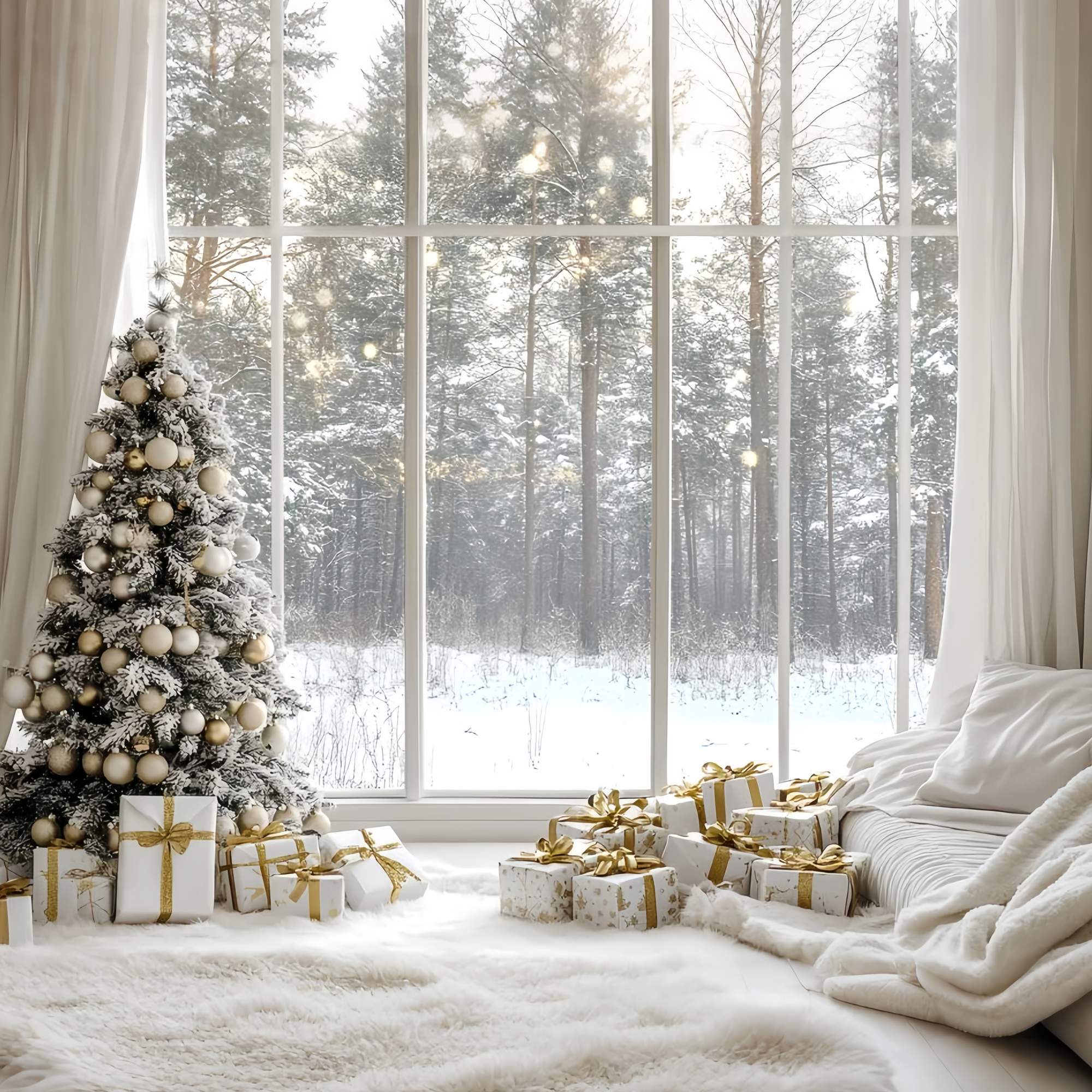 Weiße Weihnachten Backdrop Schneey Pine Gold Ornament gemütliche Fenster Weihnachten Studiohintergrund für Fotografie TWW58-100