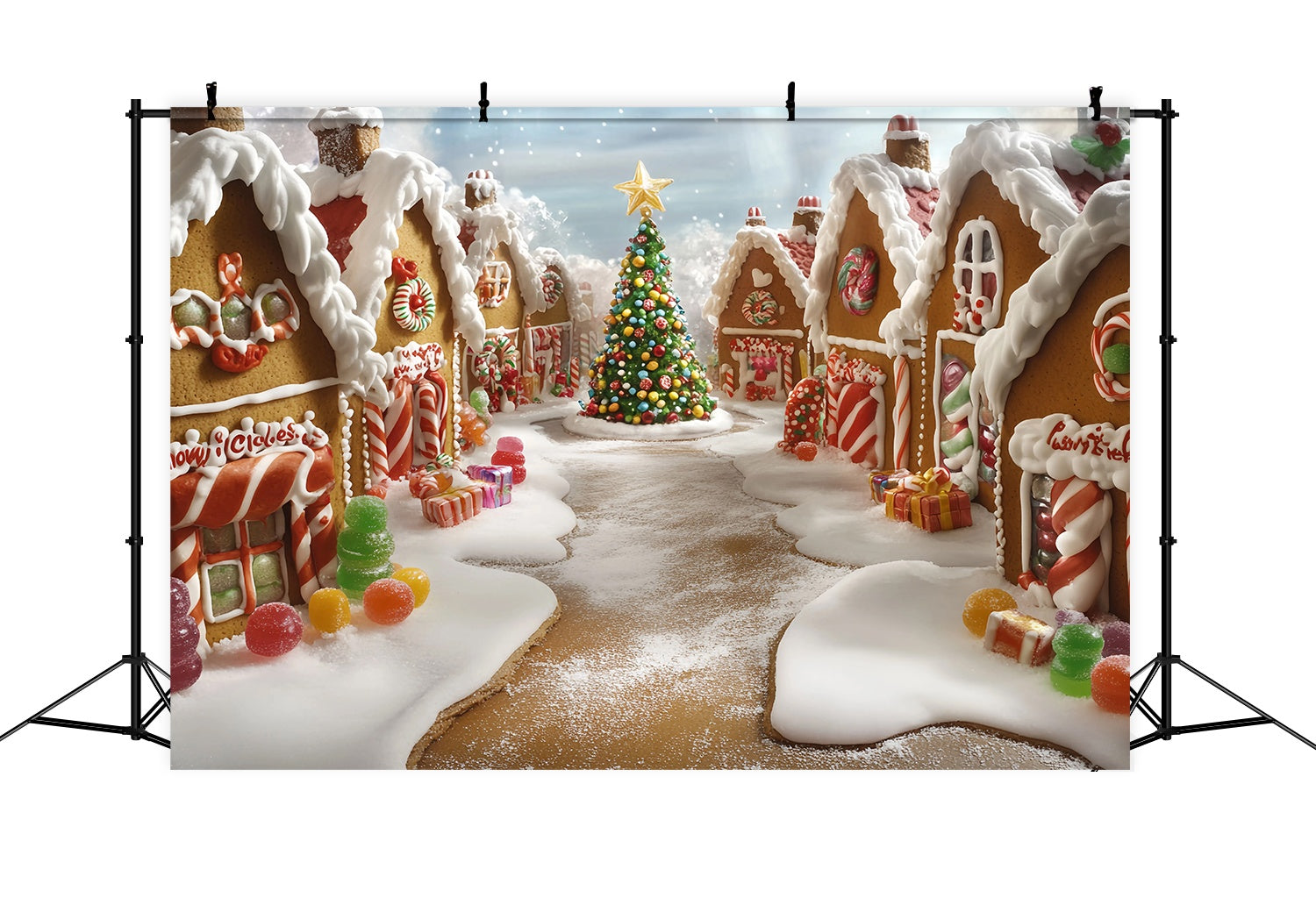 Candyland Weihnachten Backdrop Lebkuchen Candy Village Weihnachtsbaum Professionelle Weihnachten Studiohintergrund TWW58-101