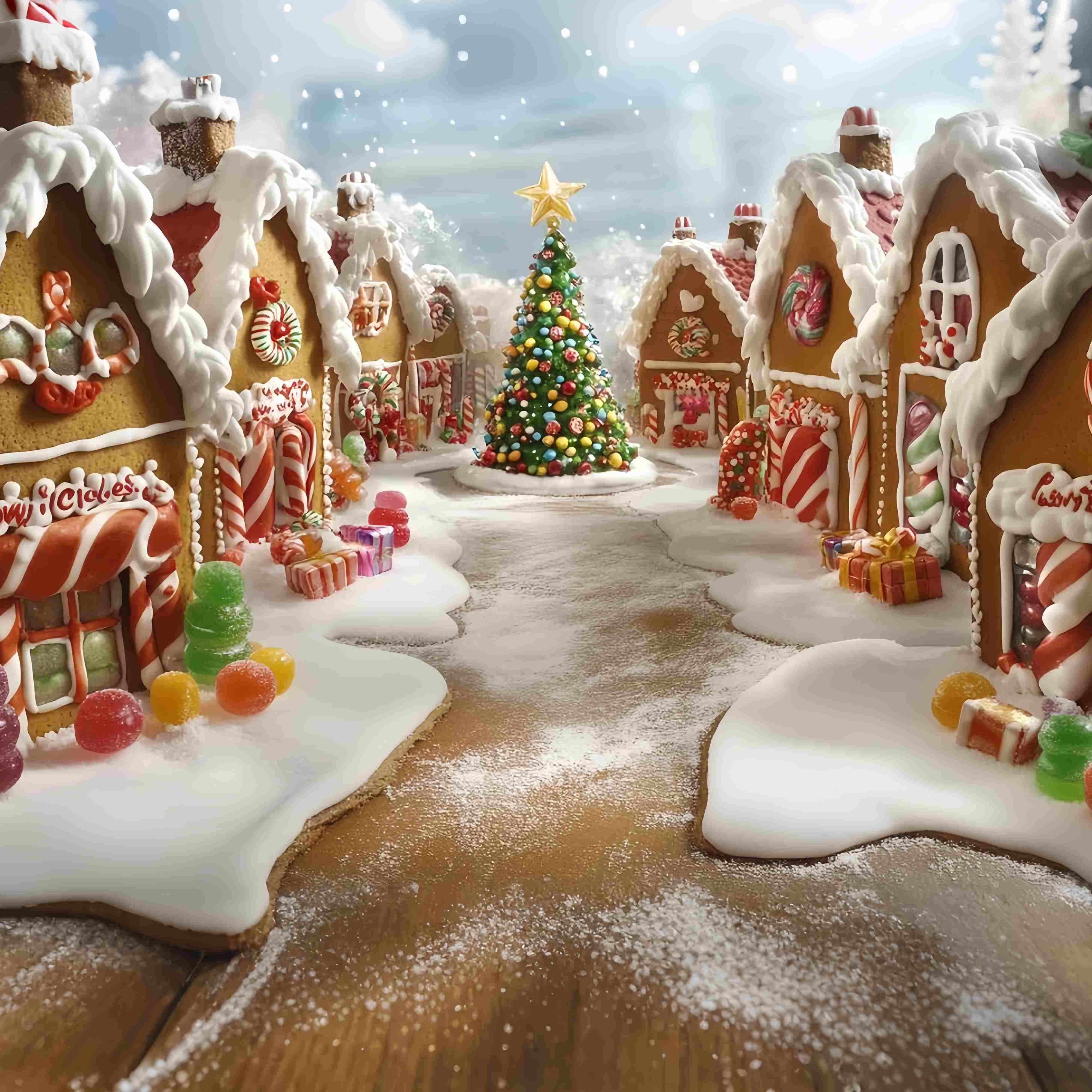 Candyland Weihnachten Backdrop Lebkuchen Candy Village Weihnachtsbaum Professionelle Weihnachten Studiohintergrund TWW58-101