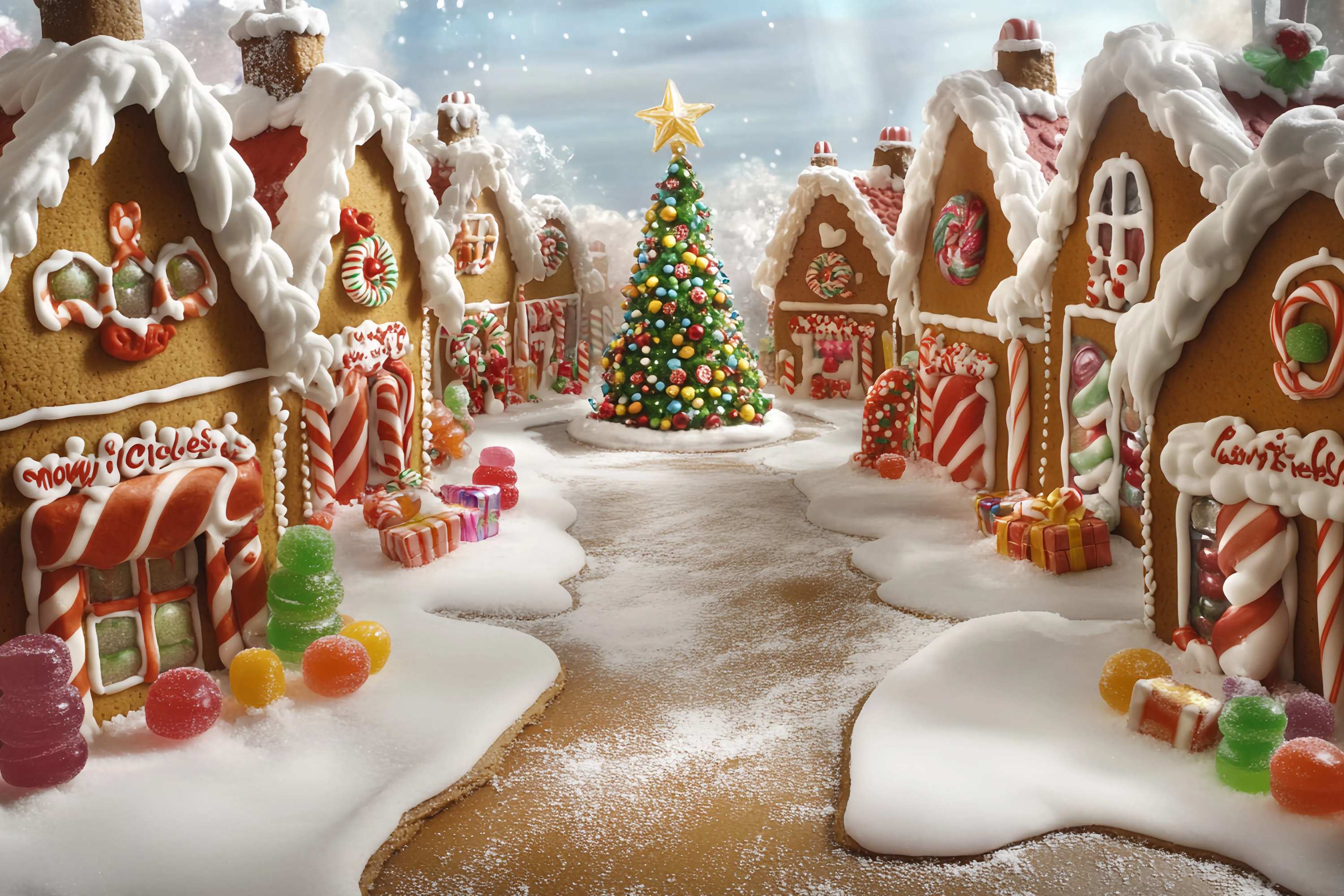 Candyland Weihnachten Backdrop Lebkuchen Candy Village Weihnachtsbaum Professionelle Weihnachten Studiohintergrund TWW58-101