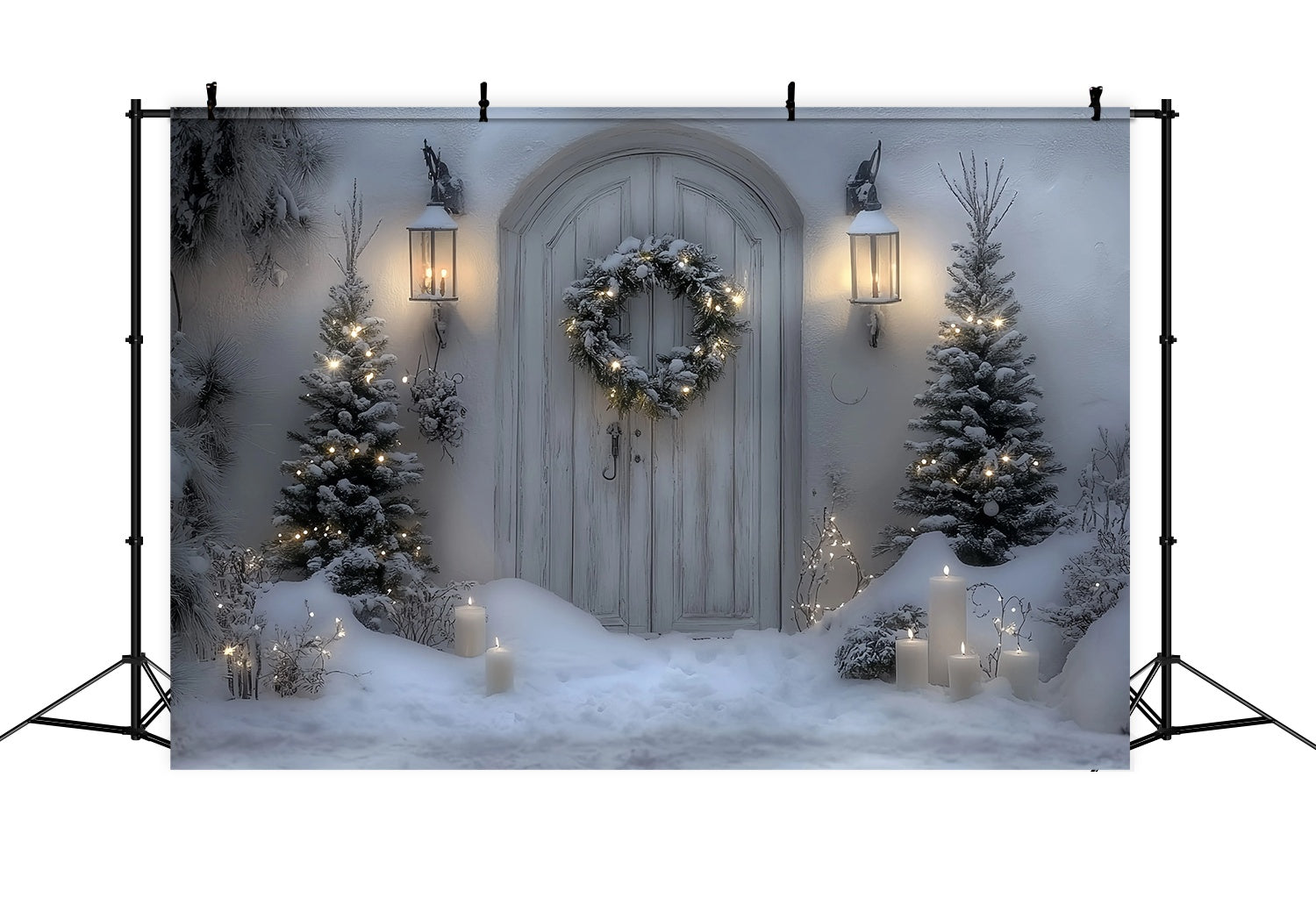 Weiße Weihnachten Backdrop Schneey Weiß Tür Laterne Kranz Professionelle Weihnachten Studiohintergrund TWW58-102