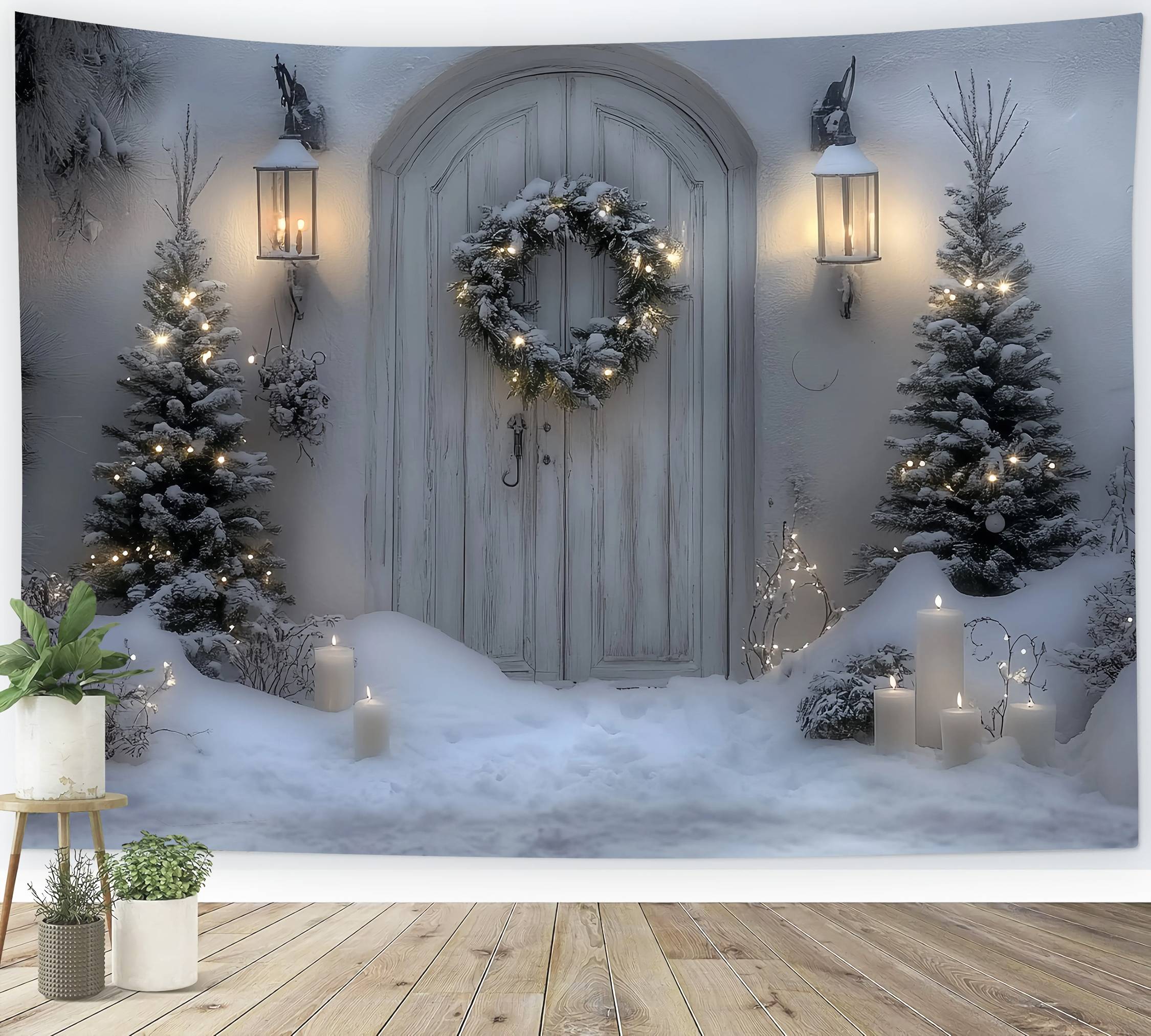 Weiße Weihnachten Backdrop Schneey Weiß Tür Laterne Kranz Professionelle Weihnachten Studiohintergrund TWW58-102