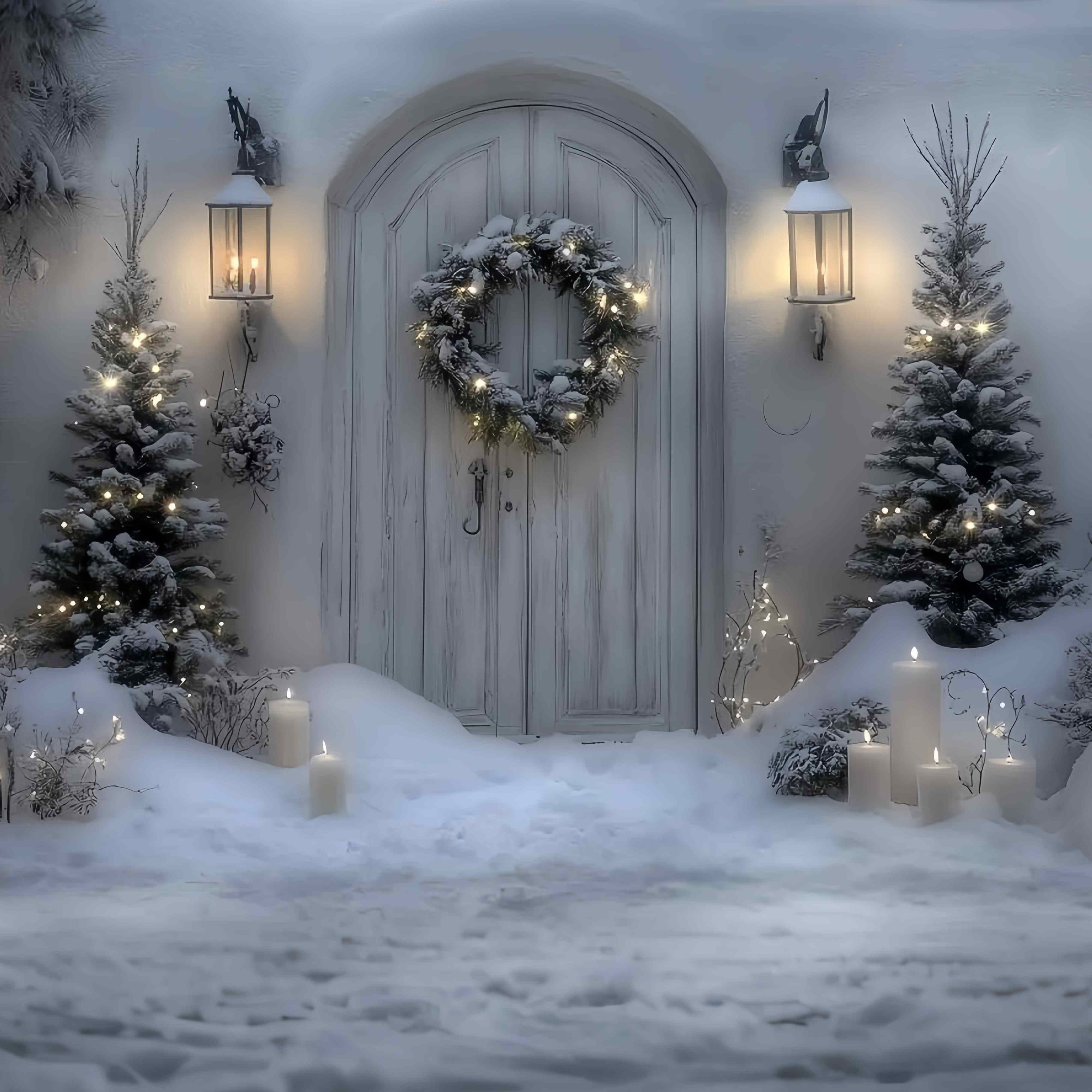Weiße Weihnachten Backdrop Schneey Weiß Tür Laterne Kranz Professionelle Weihnachten Studiohintergrund TWW58-102