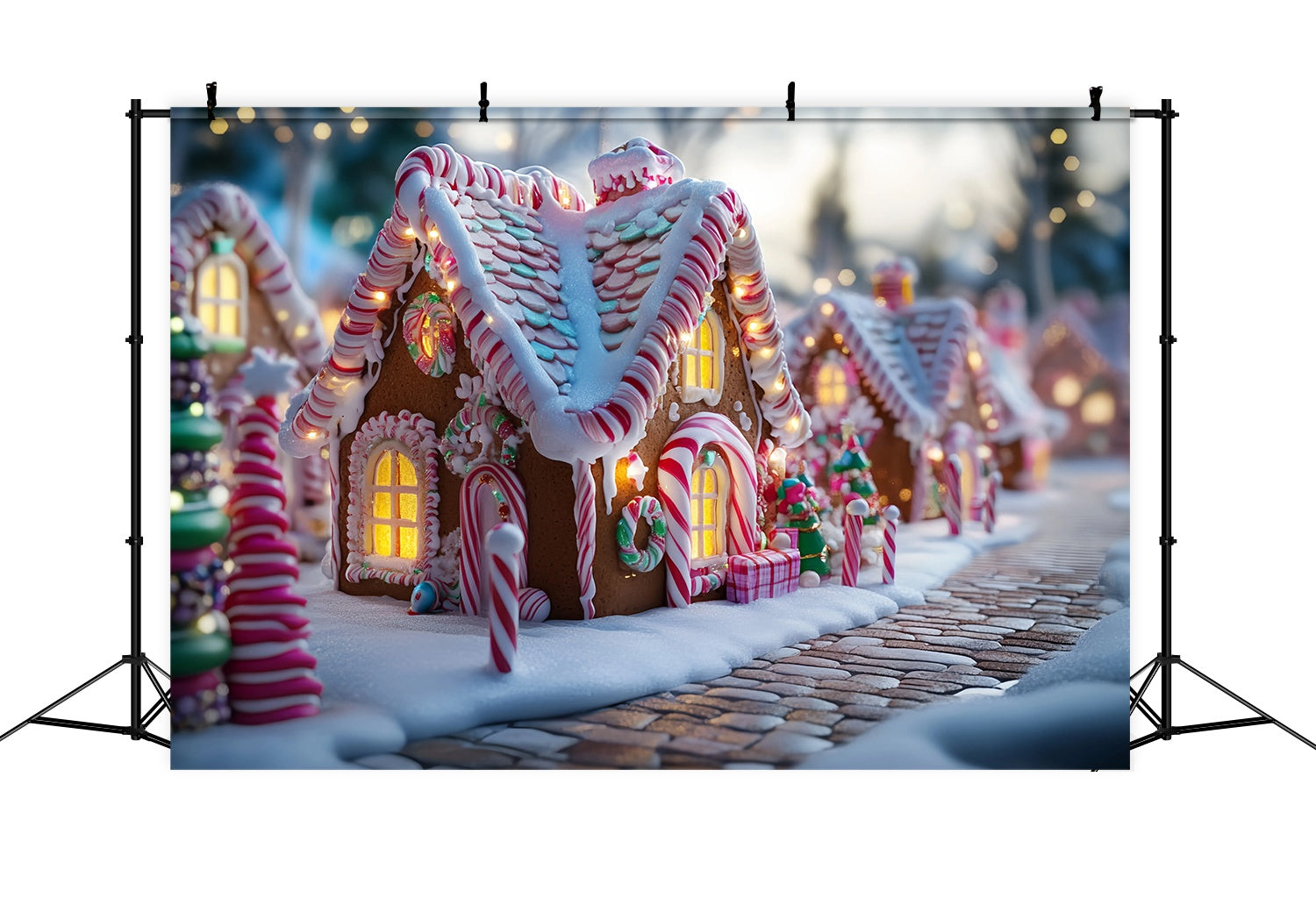 Candyland WeihnachtsFotohintergrund Zuckerstange Lebkuchenhaus Straße Weihnachten Fotokulissen TWW58-103