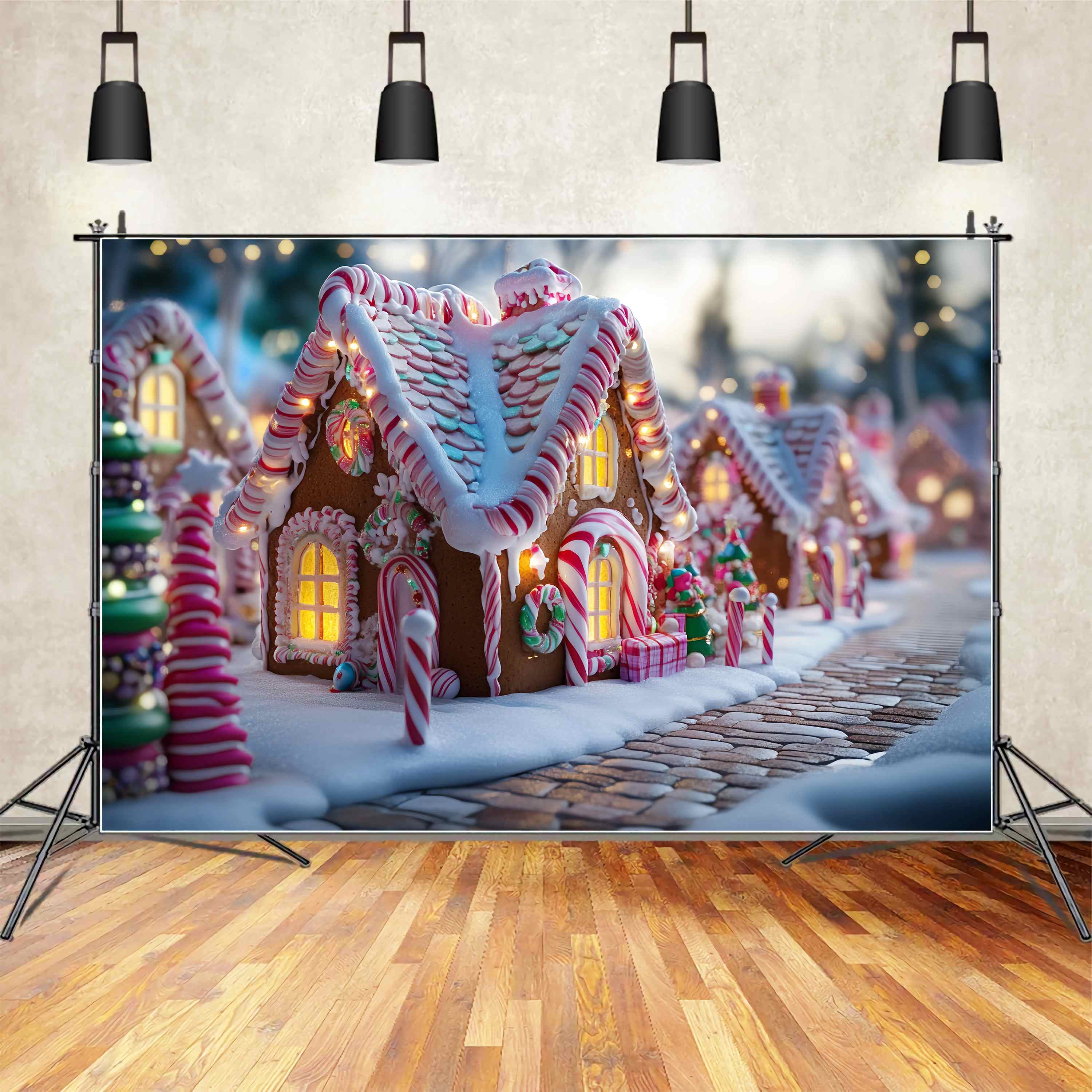 Candyland WeihnachtsFotohintergrund Zuckerstange Lebkuchenhaus Straße Weihnachten Fotokulissen TWW58-103