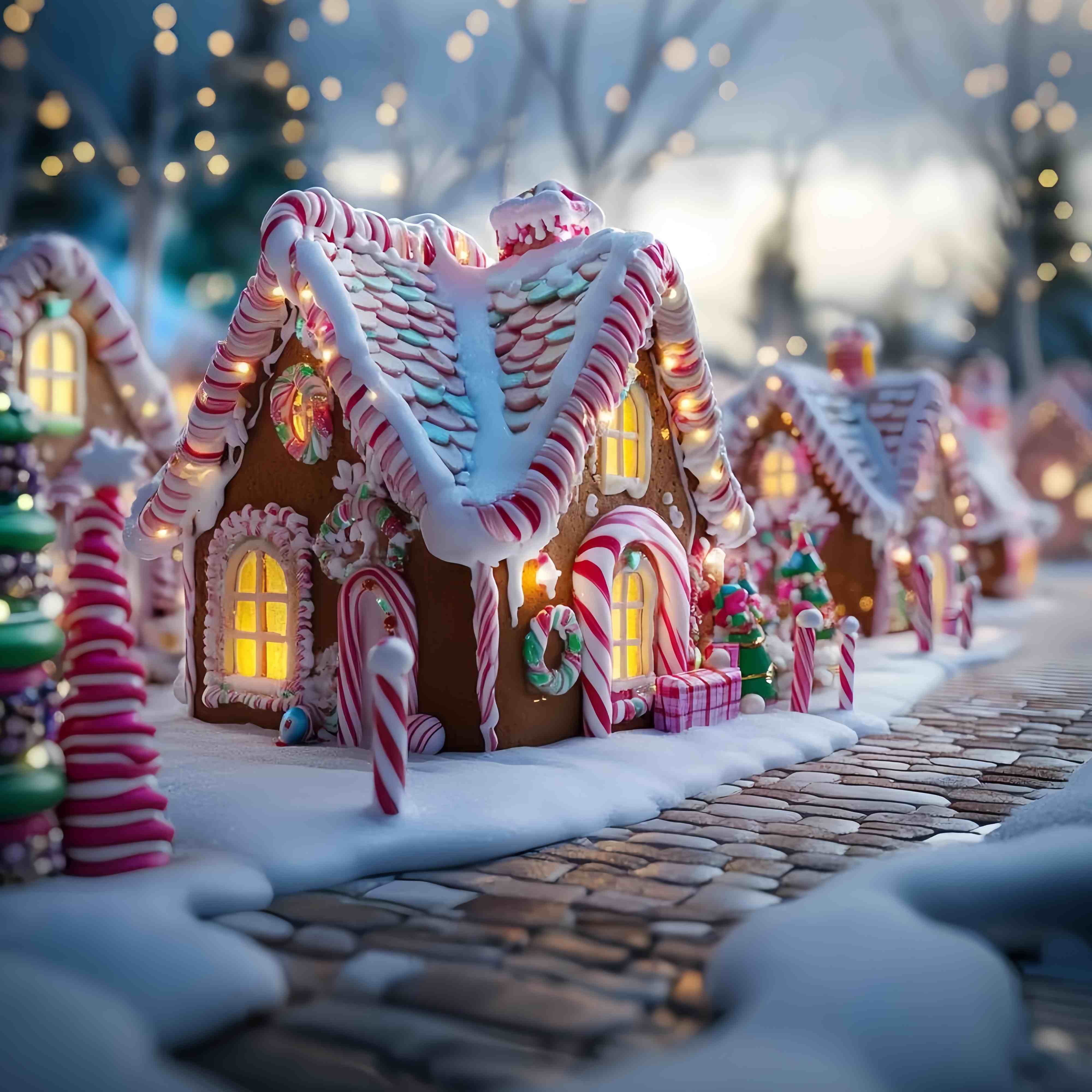 Candyland WeihnachtsFotohintergrund Zuckerstange Lebkuchenhaus Straße Weihnachten Fotokulissen TWW58-103