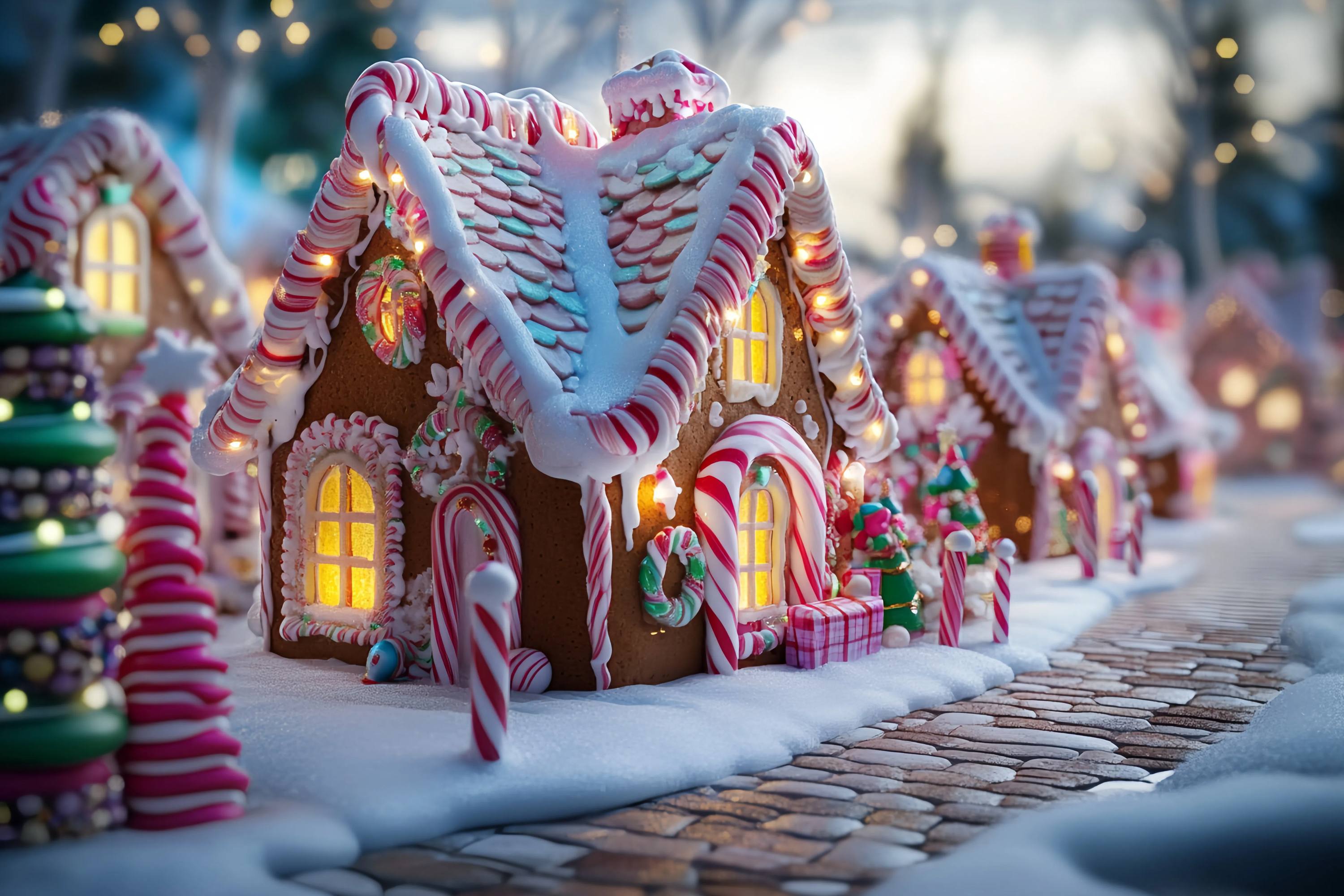 Candyland WeihnachtsFotohintergrund Zuckerstange Lebkuchenhaus Straße Weihnachten Fotokulissen TWW58-103
