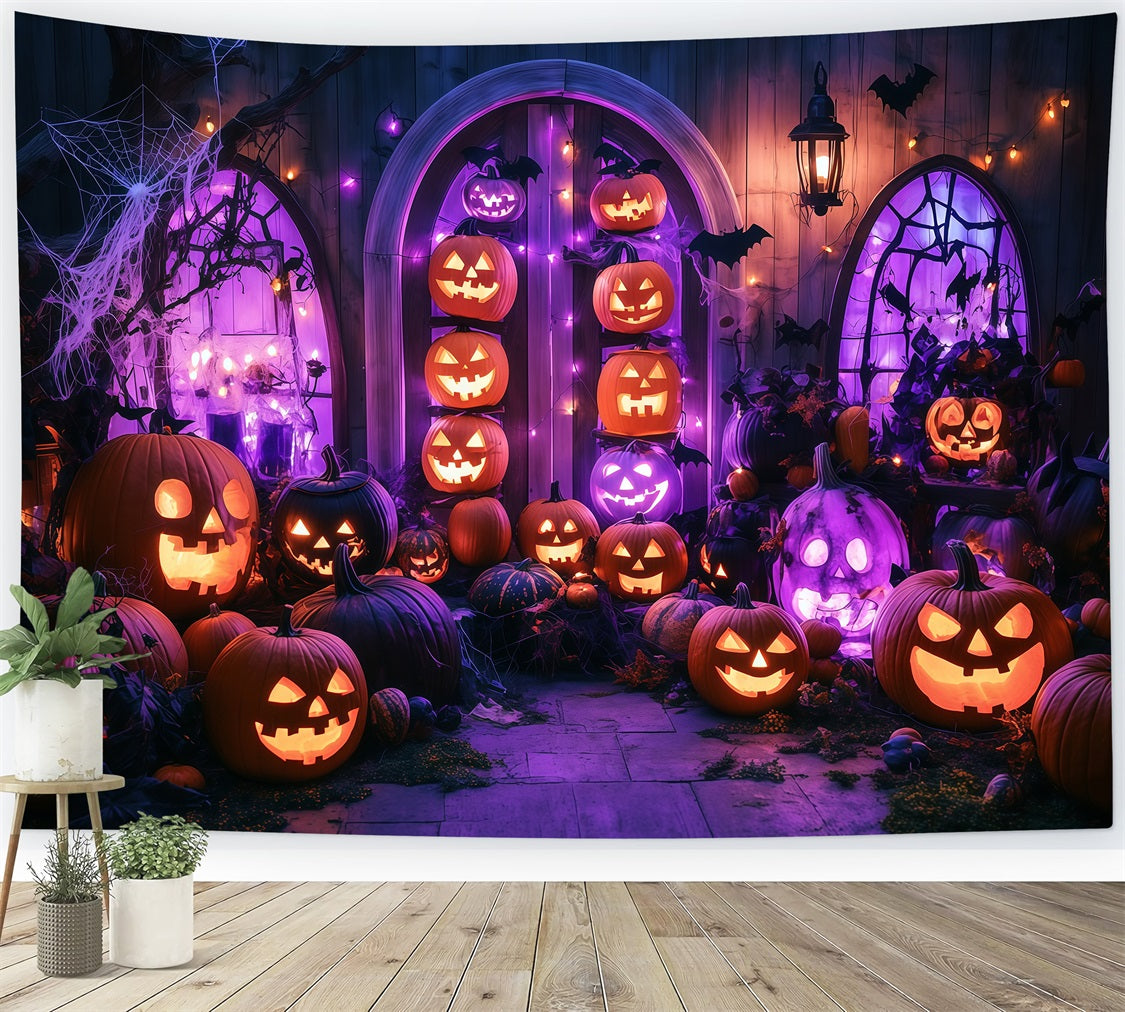 Halloween WandFotohintergrund Glühende Jack-O'-Lantern Veranda mit lila Lichtern Halloween FotoFotohintergrund TWW58-13