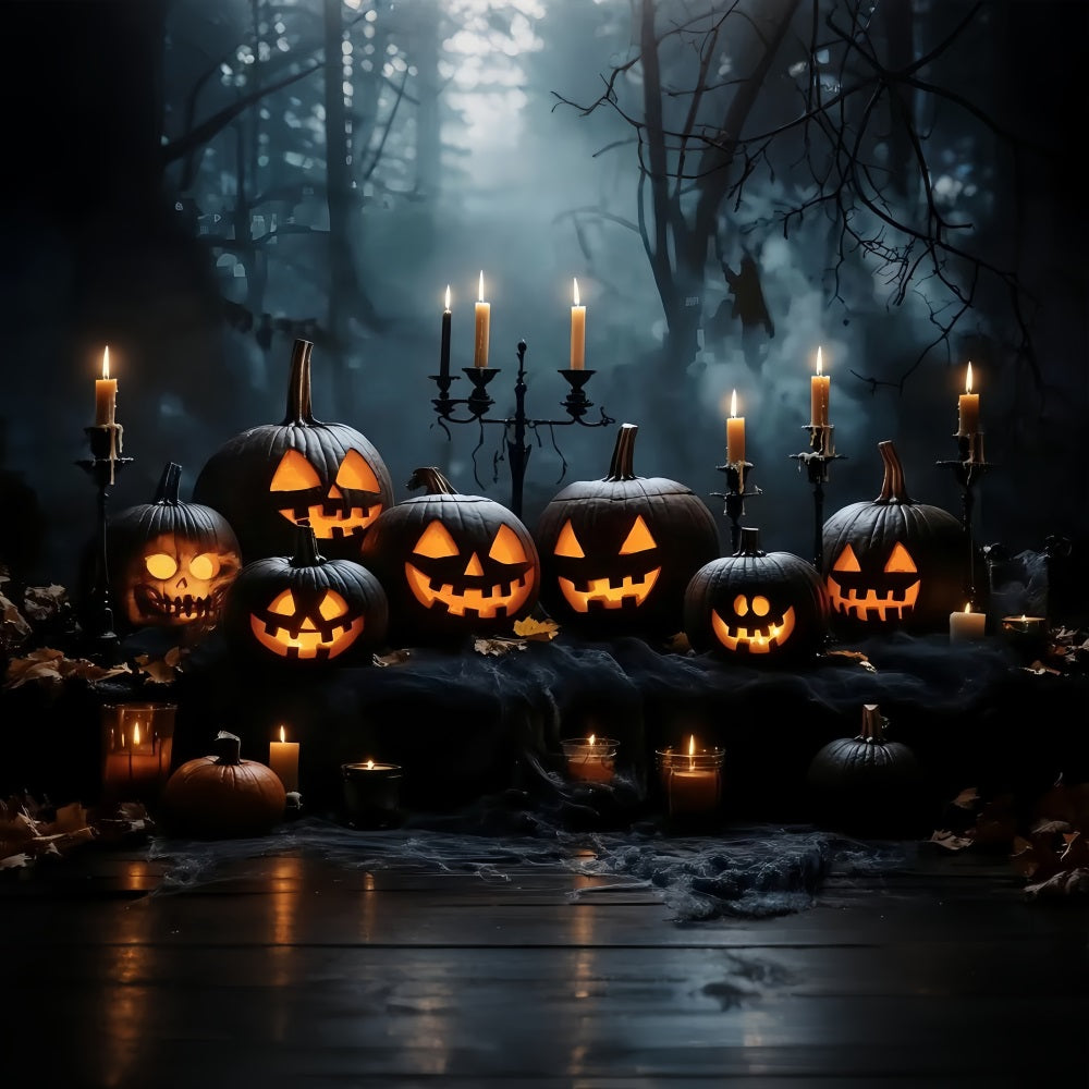 Halloween Kerzenbeleuchtete Jack-O'-Lantern-Anzeige in dunklen Wäldern Halloween-FotoFotohintergrund TWW58-16