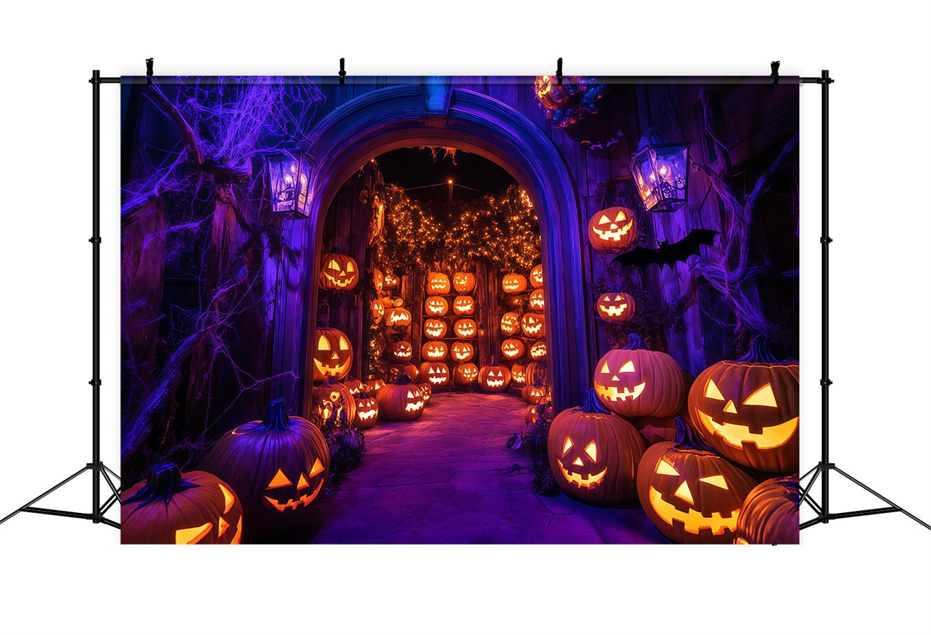 Halloween WandFotohintergrund Glühender Jack-O'-Lantern Torbogen mit Spinnennetzen Halloween Backdrop Ideen TWW58-21