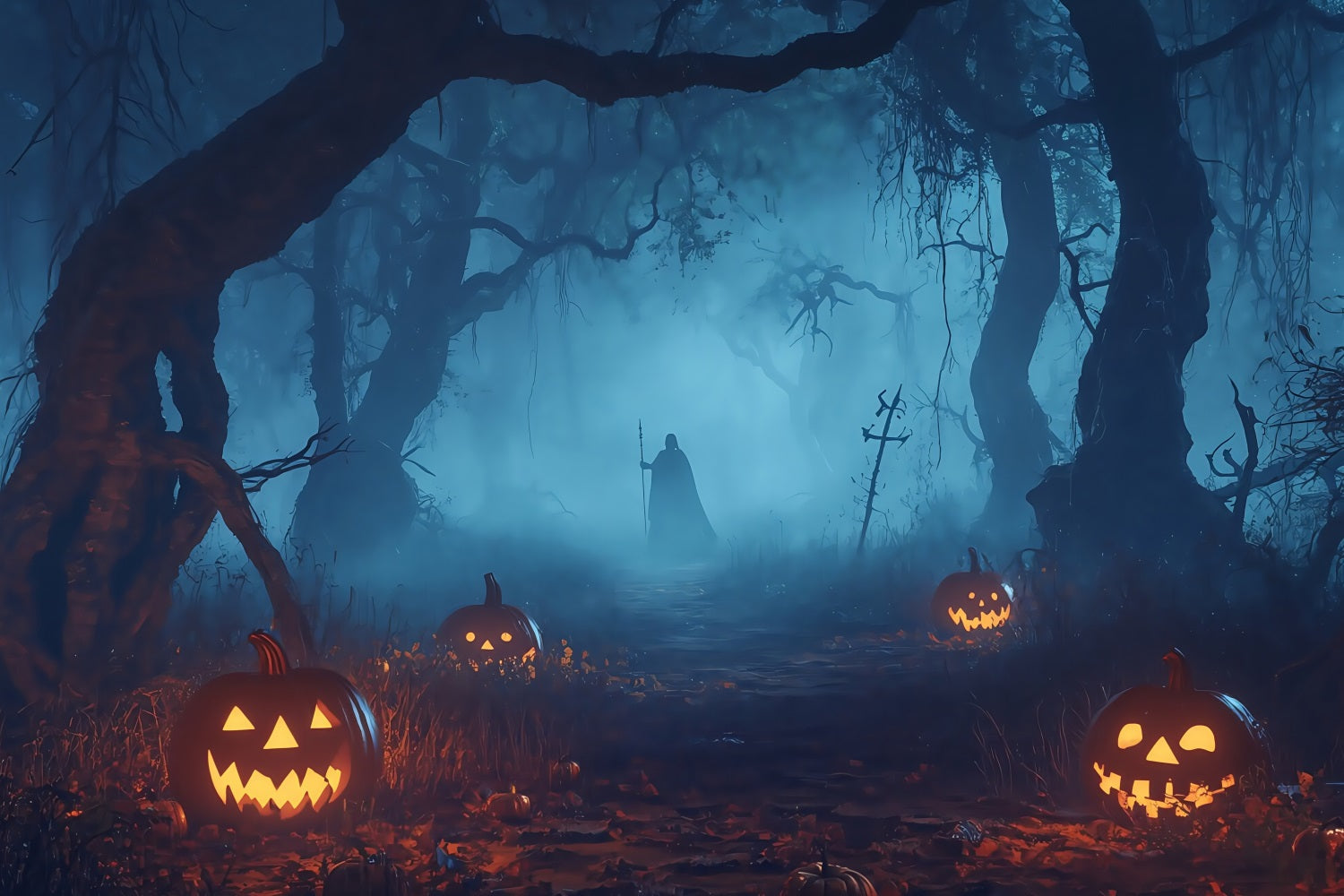 Halloween-Friedhof-Fotohintergrund Kürbis beleuchteter Spukwald mit geheimnisvoller Figur Halloween-Fotokulissen TWW58-32
