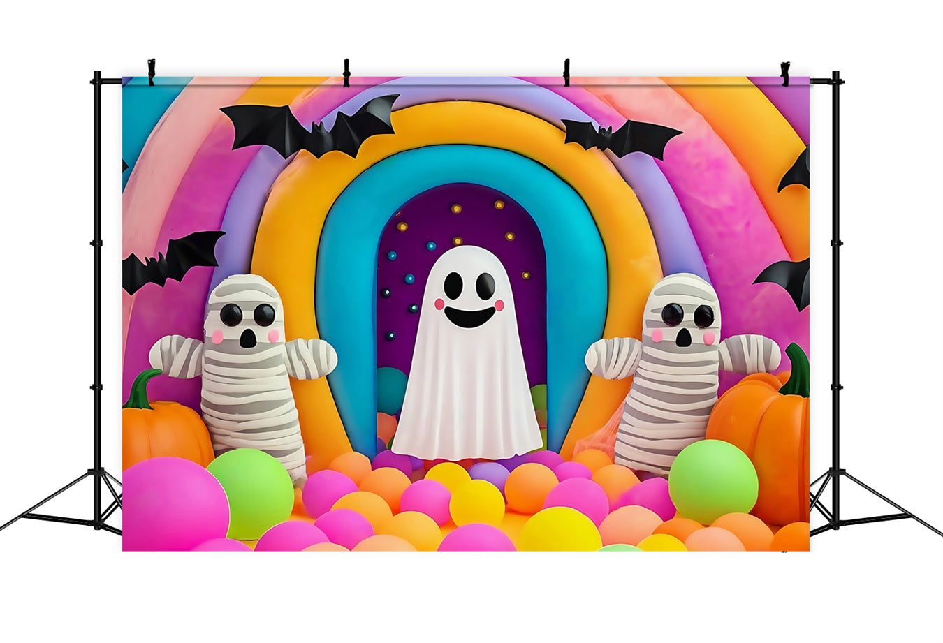 Halloween WandFotohintergrund Bunter Regenbogen Geister und Mumien Display Gruseliger Halloween-Fotohintergrund TWW58-36
