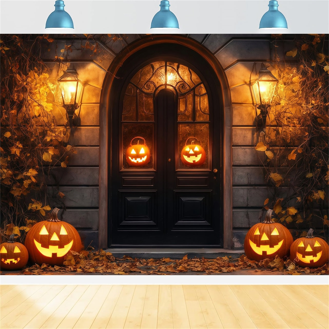 Garagentor-Halloween-Fotohintergrund Glühende Jack-O'-Lanterns Rustikale Türöffnung Gespenstische Halloween-Fotohintergrundkulisse TWW58-37
