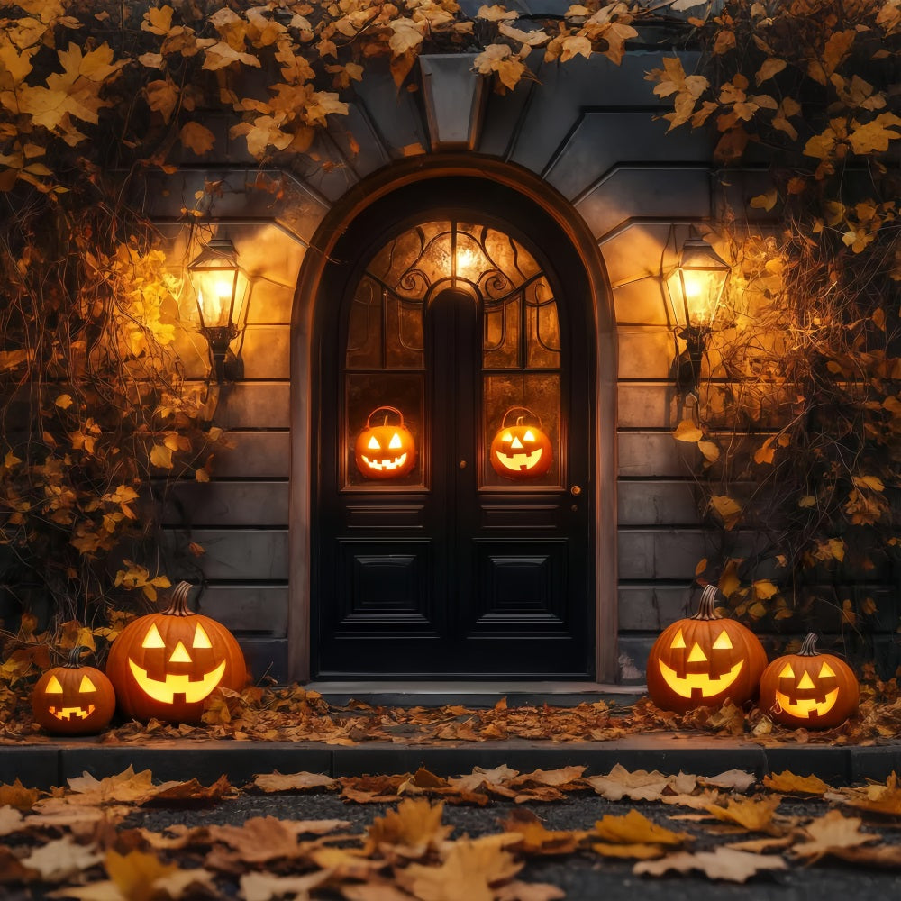 Garagentor-Halloween-Fotohintergrund Glühende Jack-O'-Lanterns Rustikale Türöffnung Gespenstische Halloween-Fotohintergrundkulisse TWW58-37