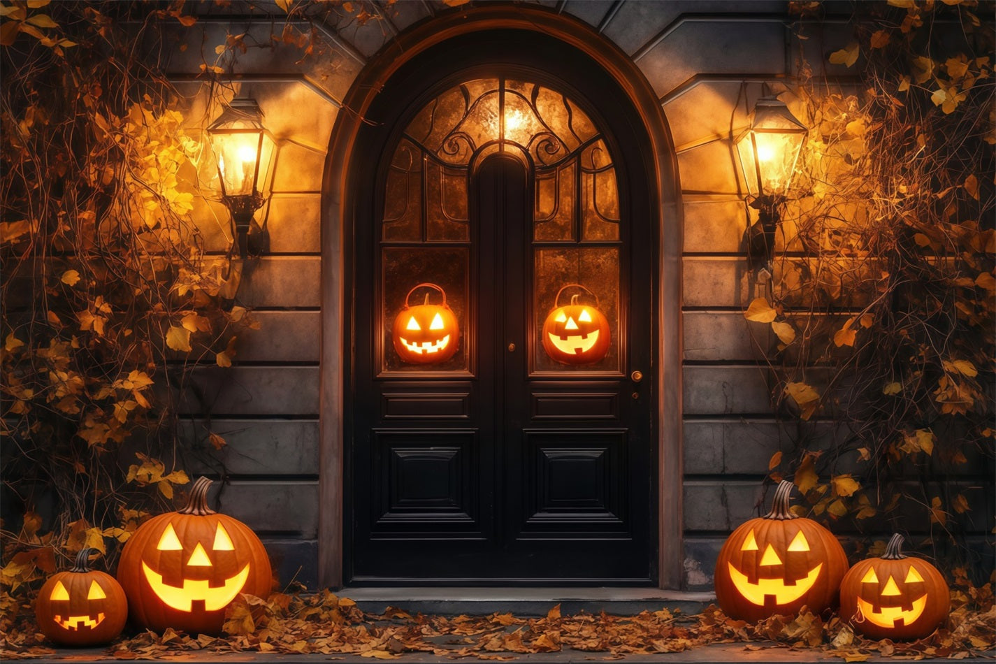 Garagentor-Halloween-Fotohintergrund Glühende Jack-O'-Lanterns Rustikale Türöffnung Gespenstische Halloween-Fotohintergrundkulisse TWW58-37