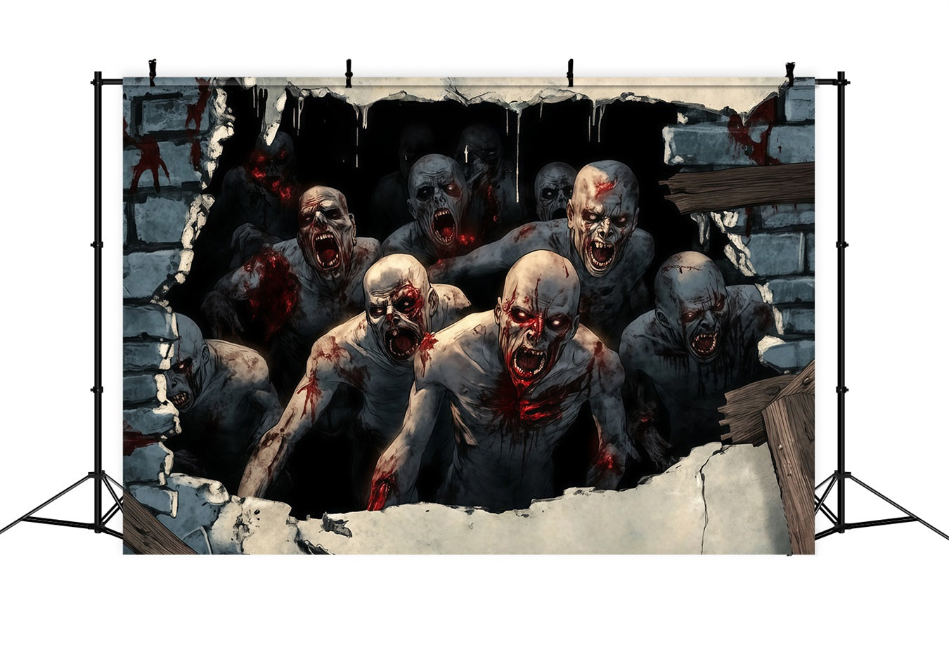 Garagentor Halloween Backdrop Blutrünstige Zombies brechen durch die Wand Gruselige Halloween Studiohintergrund TWW58-40