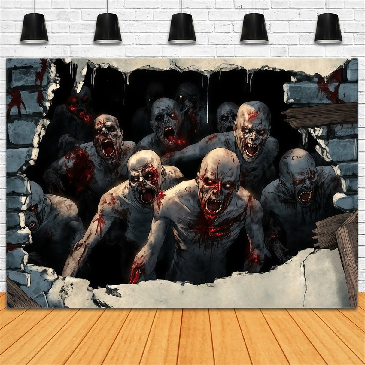 Garagentor Halloween Backdrop Blutrünstige Zombies brechen durch die Wand Gruselige Halloween Studiohintergrund TWW58-40