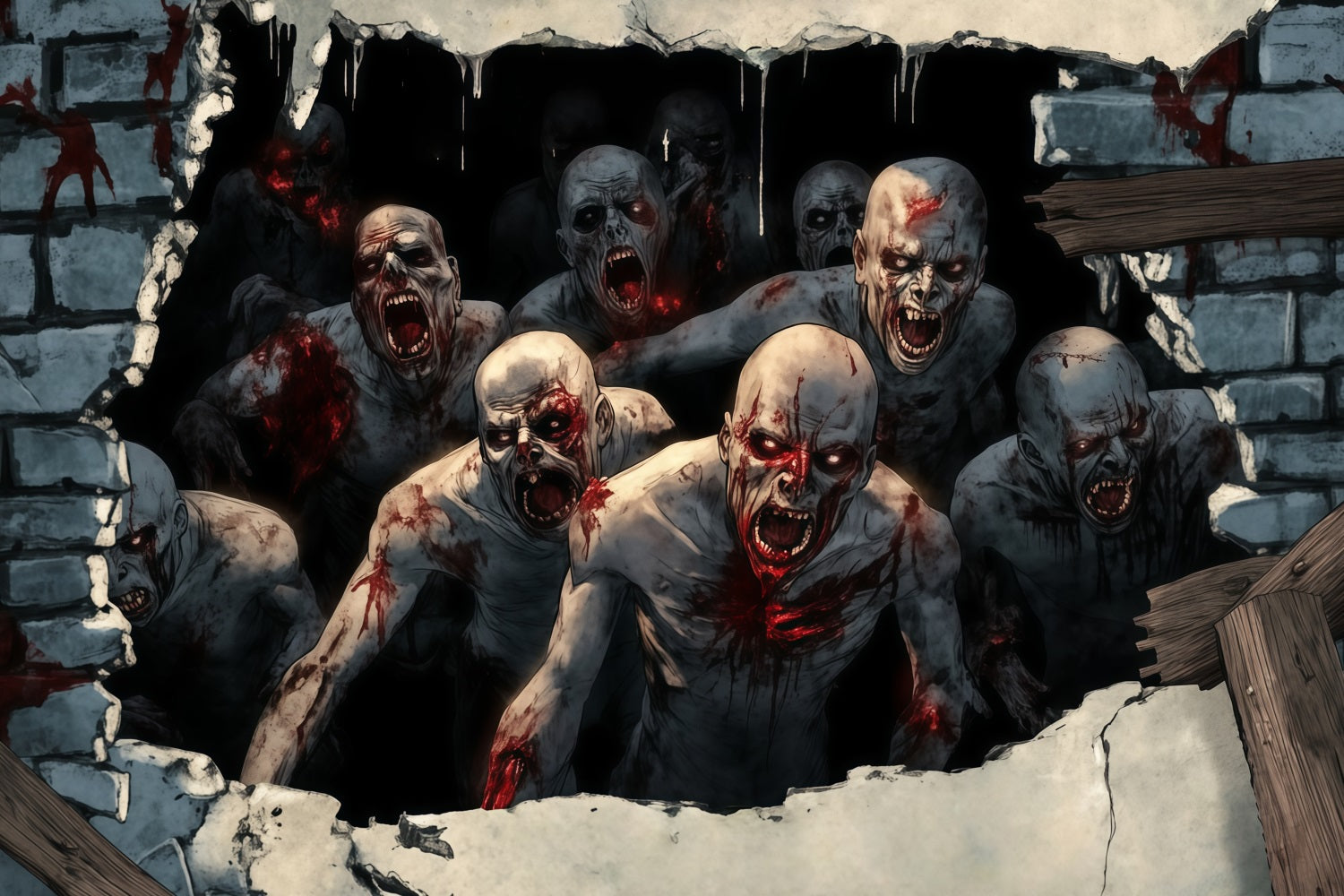 Garagentor Halloween Backdrop Blutrünstige Zombies brechen durch die Wand Gruselige Halloween Studiohintergrund TWW58-40