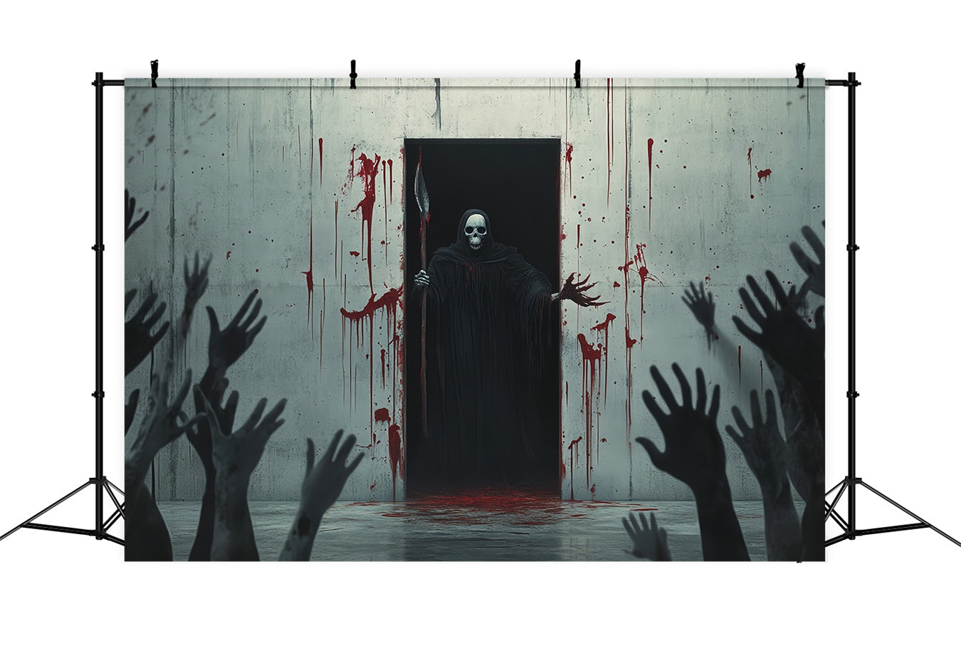 Halloween WandFotohintergrund Blutverschmierte Wand mit Sensenmann Figur Gruselige Halloween Hintergründe TWW58-47
