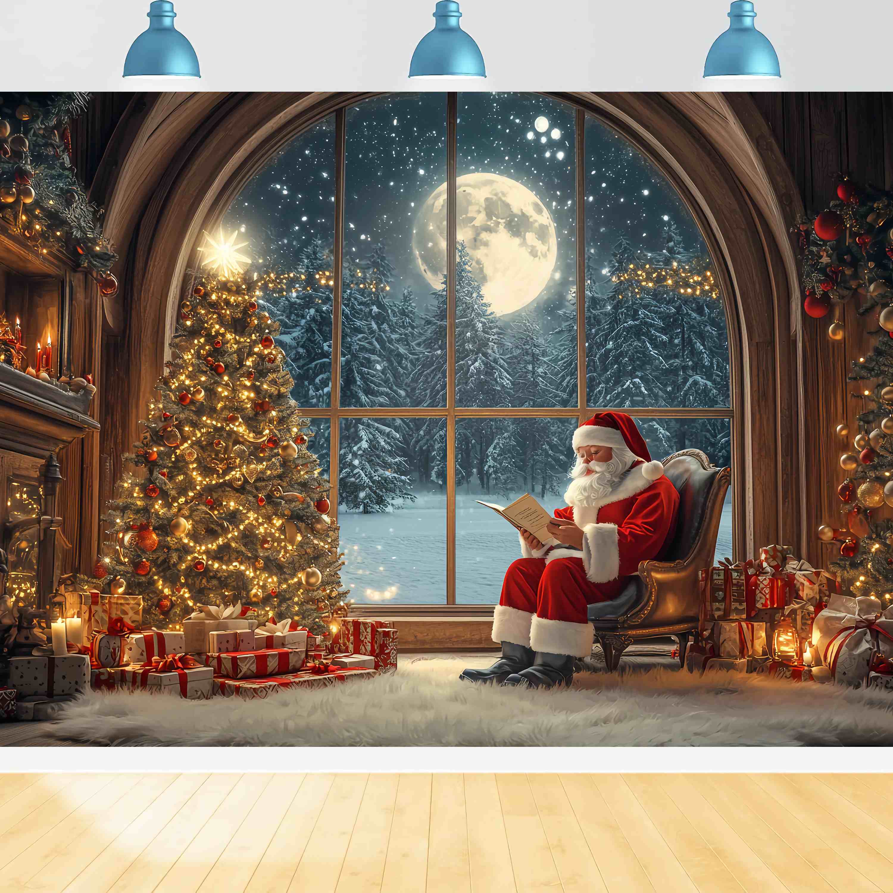 Weihnachtsmann Fotokulissen Weihnachtsmann lesend Moonbeschienener Weihnachtsbaum Weihnachtskulisse für Fotos TWW58-56