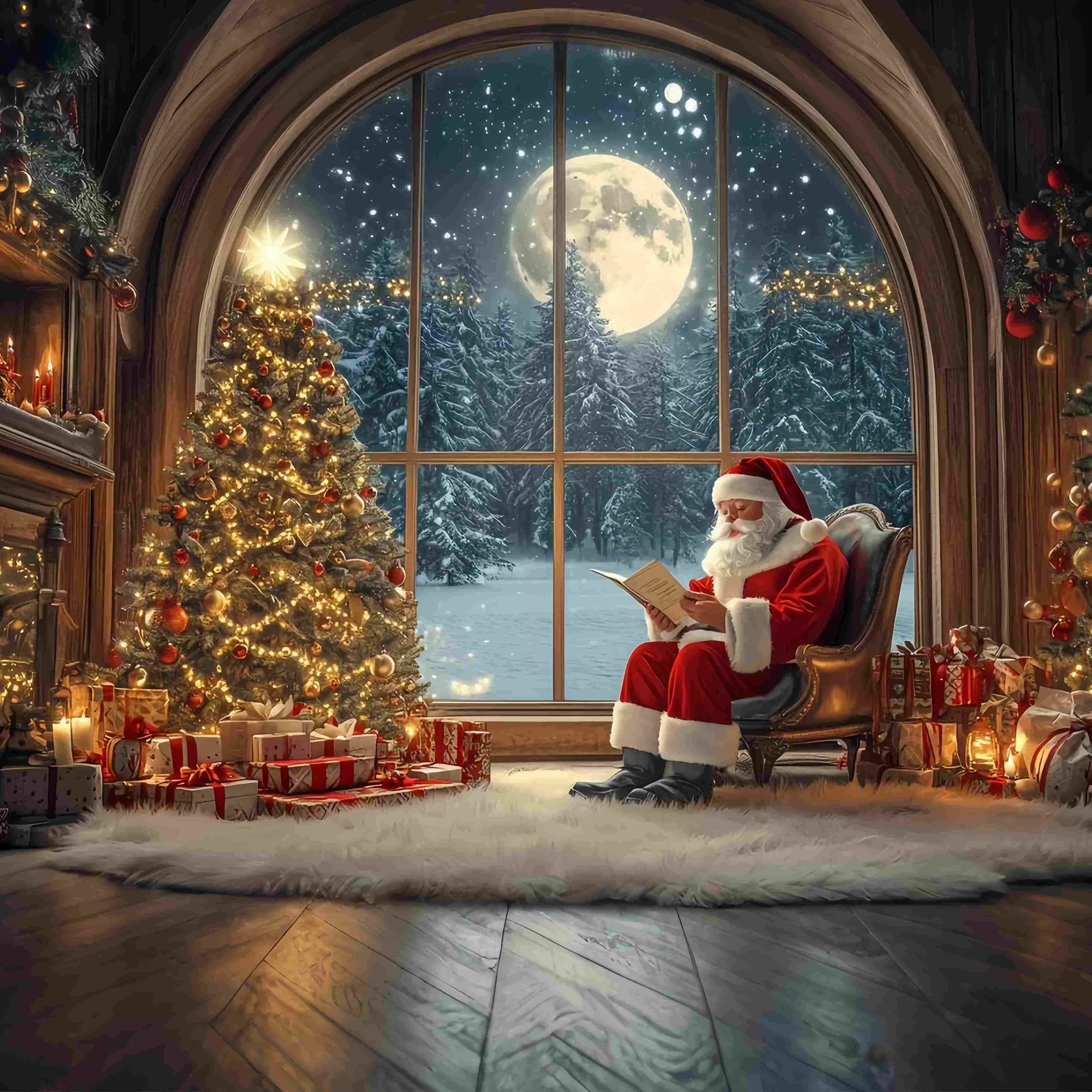 Weihnachtsmann Fotokulissen Weihnachtsmann lesend Moonbeschienener Weihnachtsbaum Weihnachtskulisse für Fotos TWW58-56