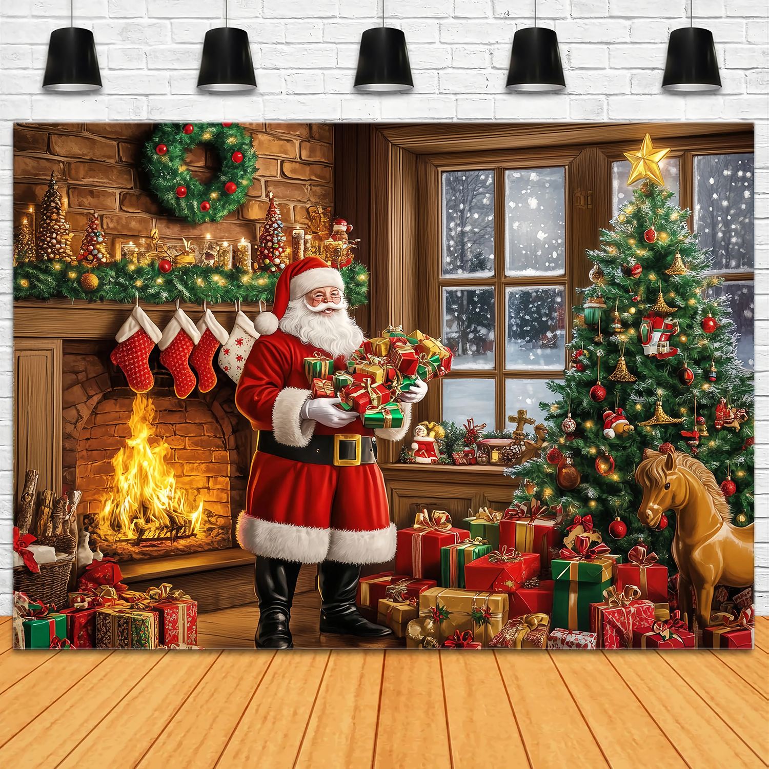 Weihnachtsmann Studiohintergrund Weihnachtsmann Kamin Geschenke Haufen Weihnachten Studiohintergrund für Fotografie TWW58-57