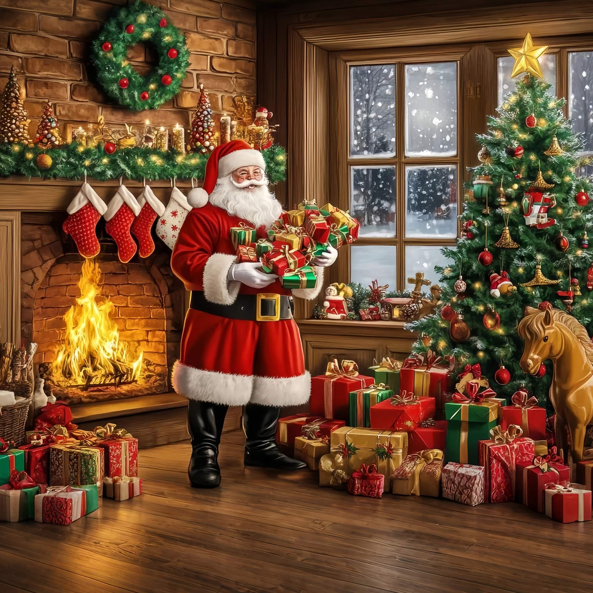 Weihnachtsmann Studiohintergrund Weihnachtsmann Kamin Geschenke Haufen Weihnachten Studiohintergrund für Fotografie TWW58-57