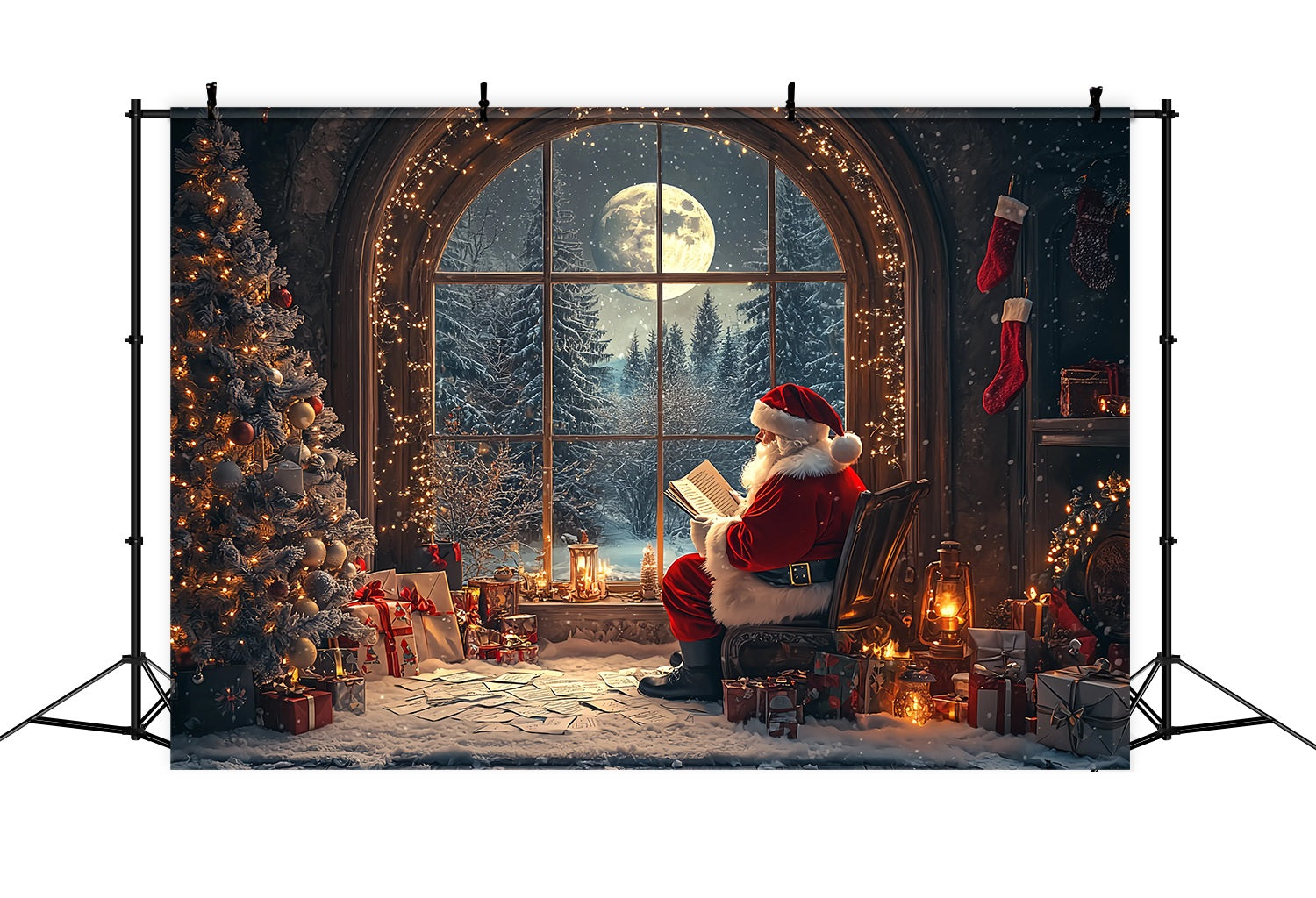 Weihnachtsmann Backdrop Weihnachtsmann Moonschein Fenster Lesen Weihnachten Backdrop TWW58-58