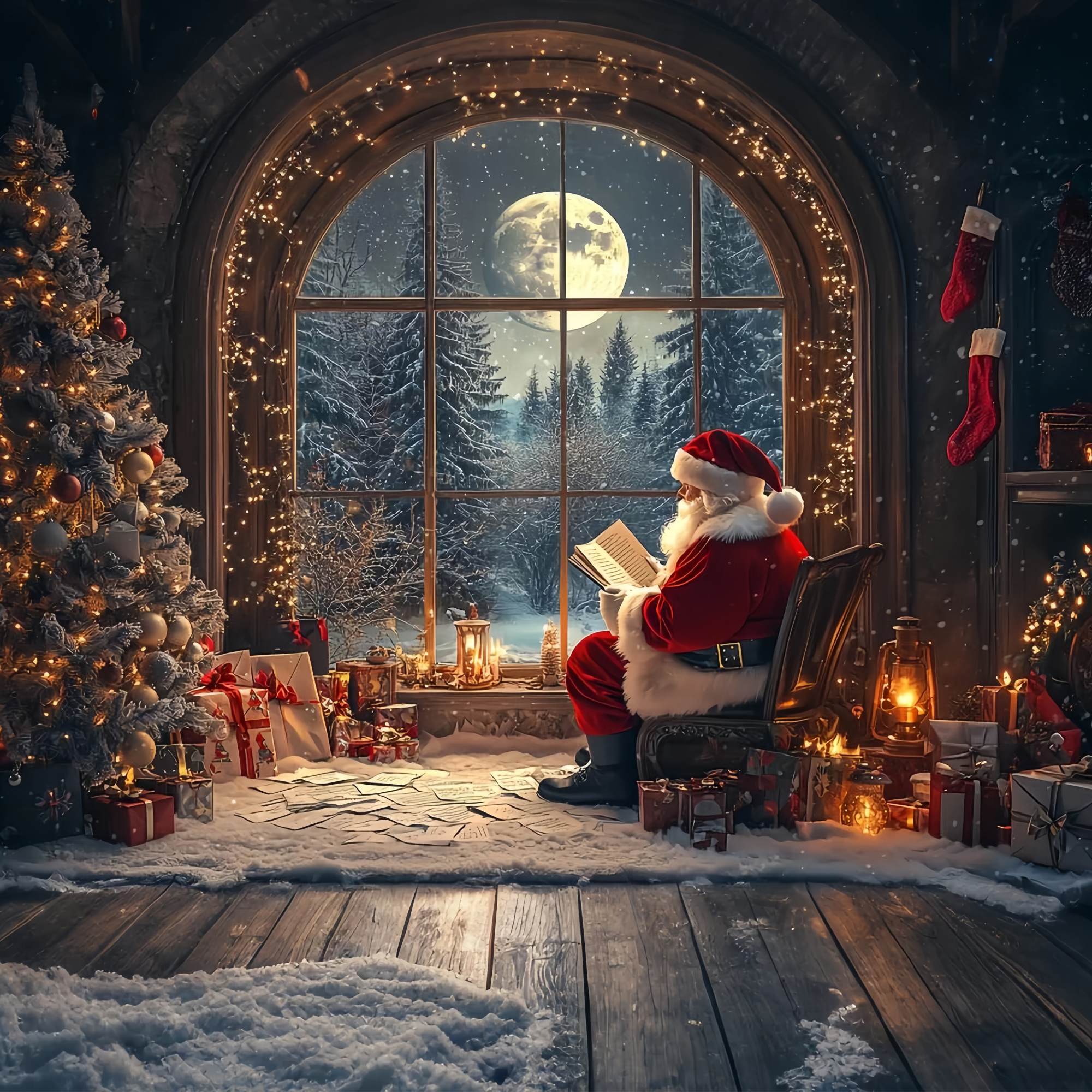 Weihnachtsmann Backdrop Weihnachtsmann Moonschein Fenster Lesen Weihnachten Backdrop TWW58-58