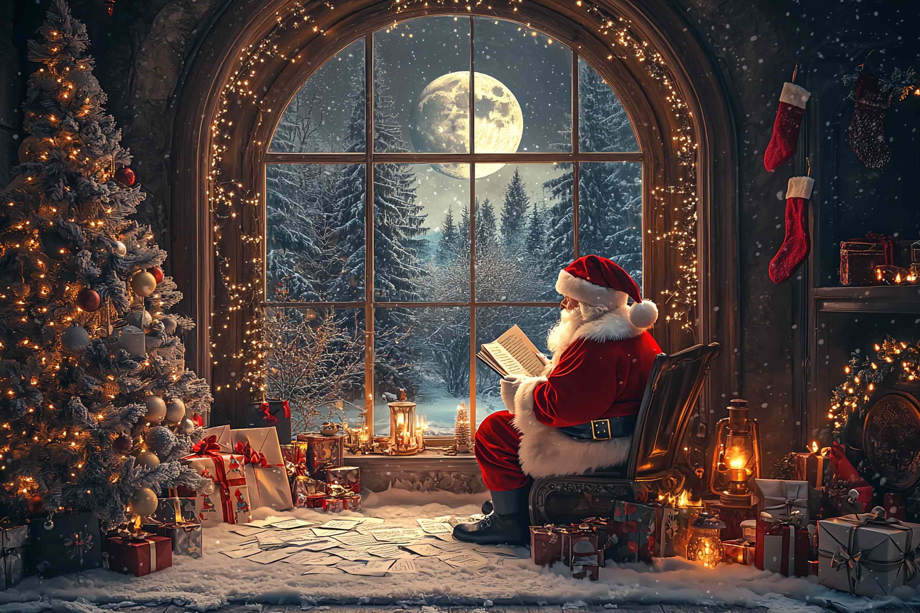 Weihnachtsmann Backdrop Weihnachtsmann Moonschein Fenster Lesen Weihnachten Backdrop TWW58-58