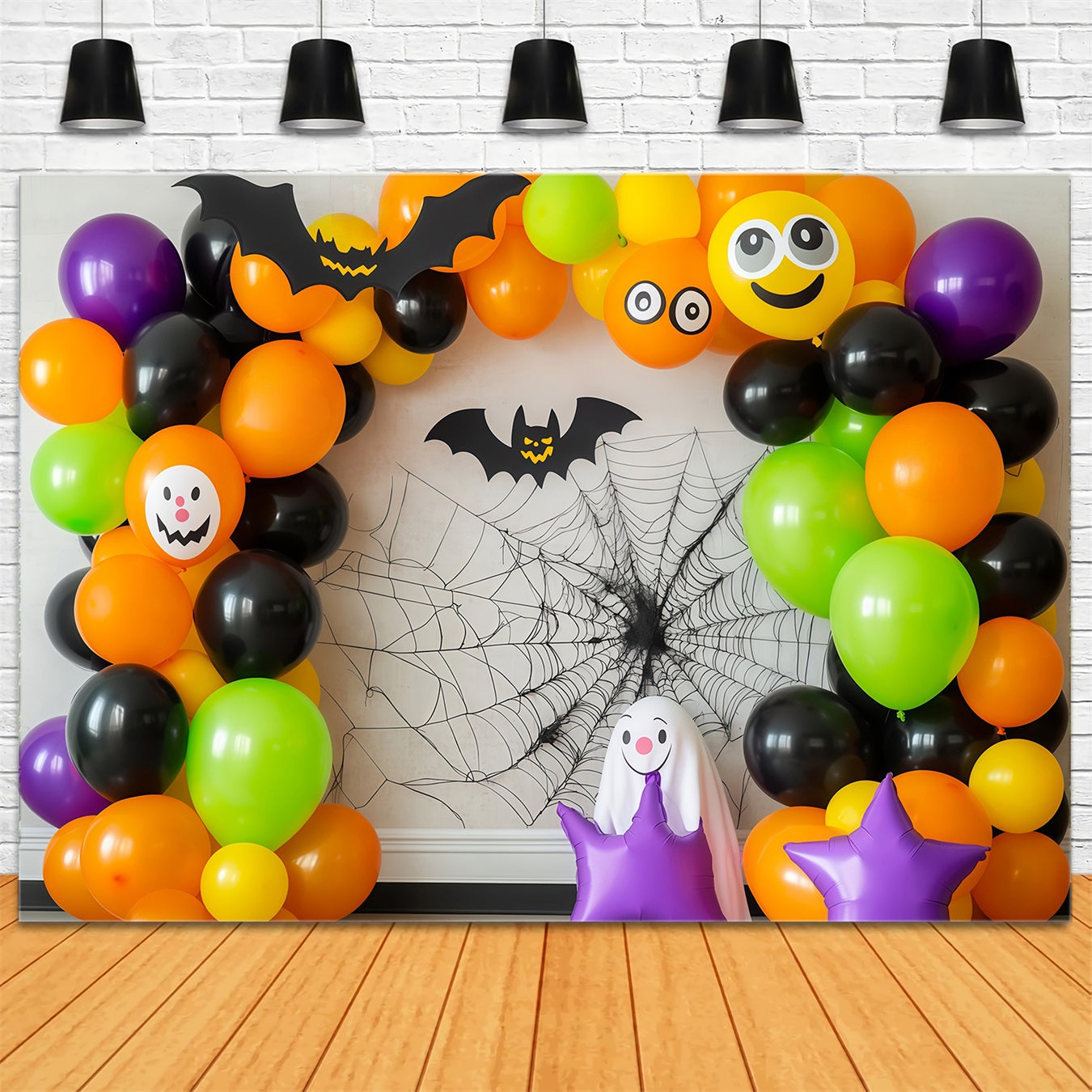Halloween WandFotohintergrund Bunter Ballonbogen mit Fledermäusen und Gespenstern Halloween Fotohintergrund TWW58-6