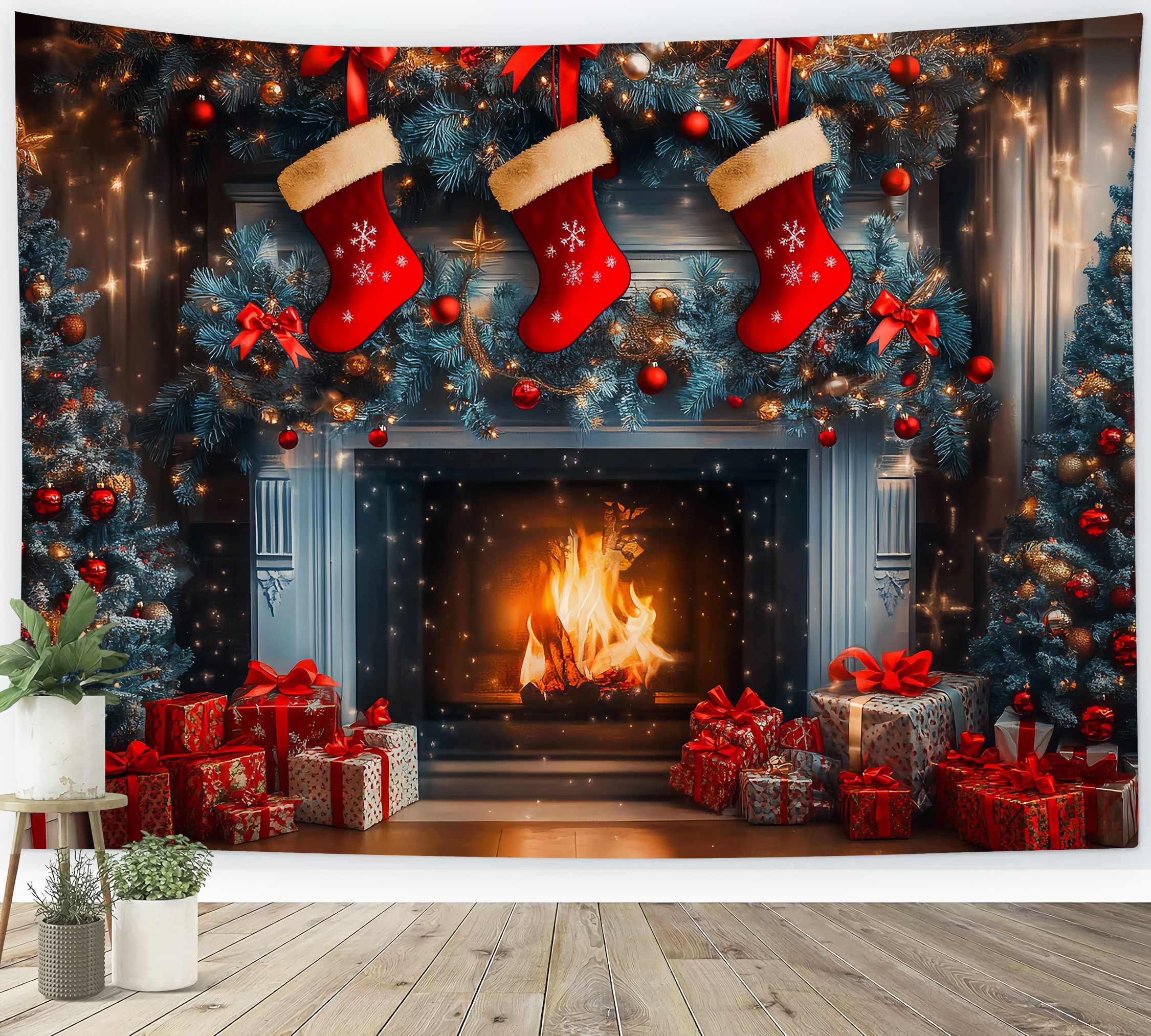 Weihnachtskamin Backdrop Strumpf Girlande Blaue Tannenbäume Weihnachten Studiohintergrund TWW58-62