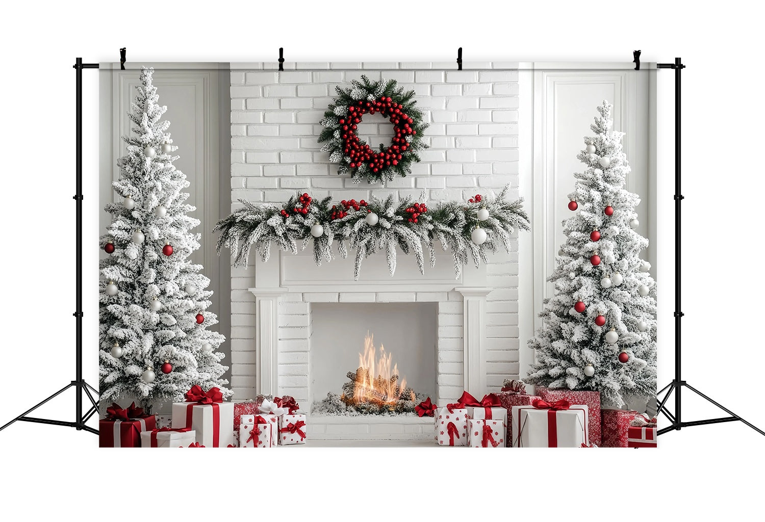 Weihnachtskamin Kulisse Weißer Backstein Kamin Schnee Bäume Weihnachten Fotohintergrund für Fotos TWW58-63