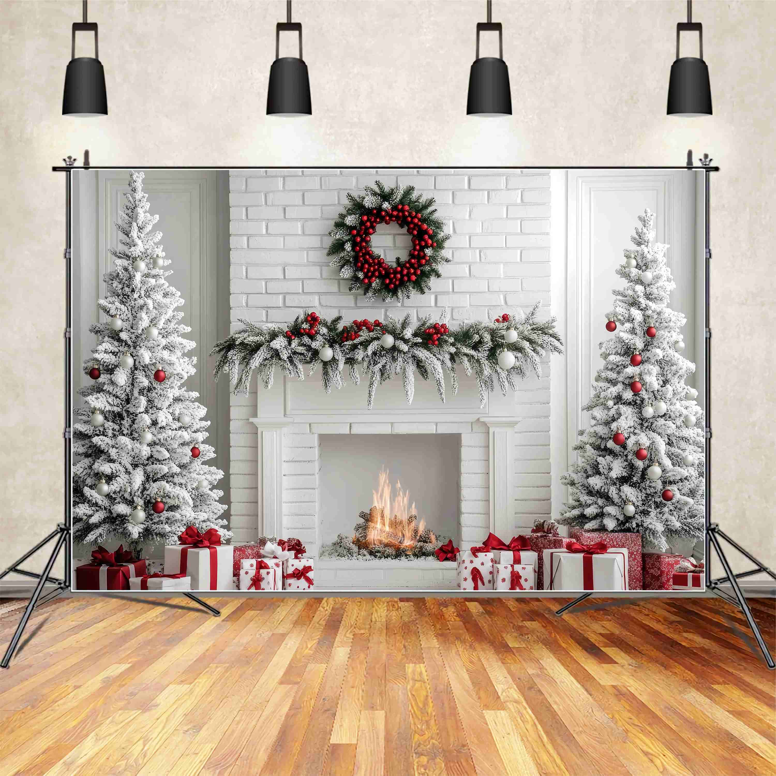 Weihnachtskamin Kulisse Weißer Backstein Kamin Schnee Bäume Weihnachten Fotohintergrund für Fotos TWW58-63